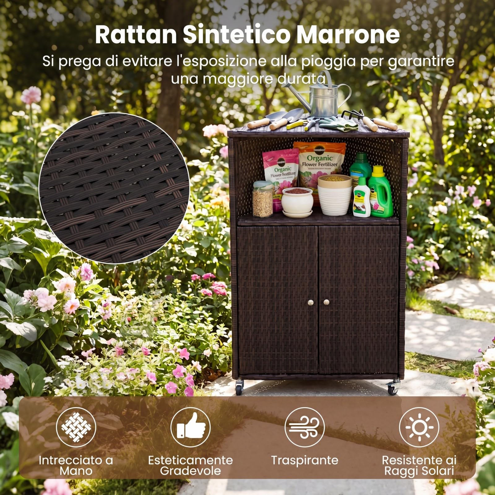 COSTWAY Armadietto da Esterno Angolare, Armadio da Esterno in Rattan PE con Ruote Bloccabili, 2 Ripiani Aperti e 2 Ante, Credenza da Cucina per Giardino, Piscina e Terrazza, 66 x 47 x 111 cm