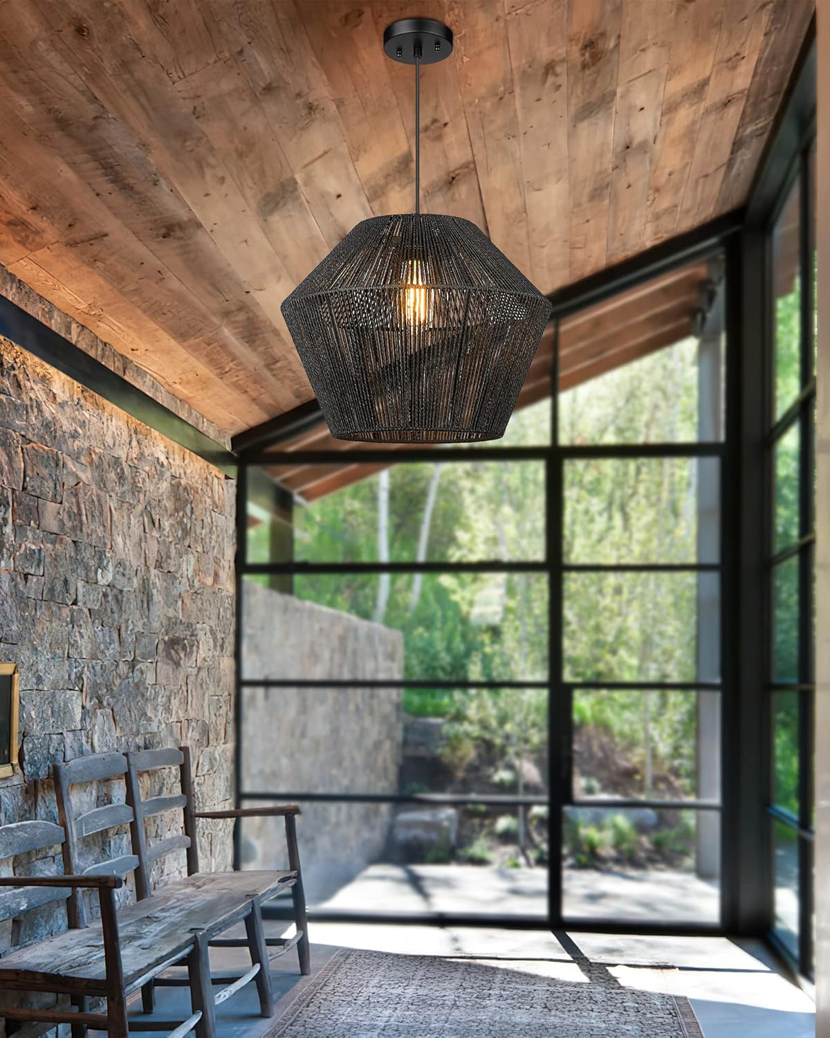 ELYONA 16.5” Large Modern Woven Chandelier Farmhouse Coastal Pendant Light Fixtures Matte Black Handwoven Rattan Basket Shade Boho Pendant Hanging Lamp for Kitchen Dining Room Bedroom Foyer Hallway