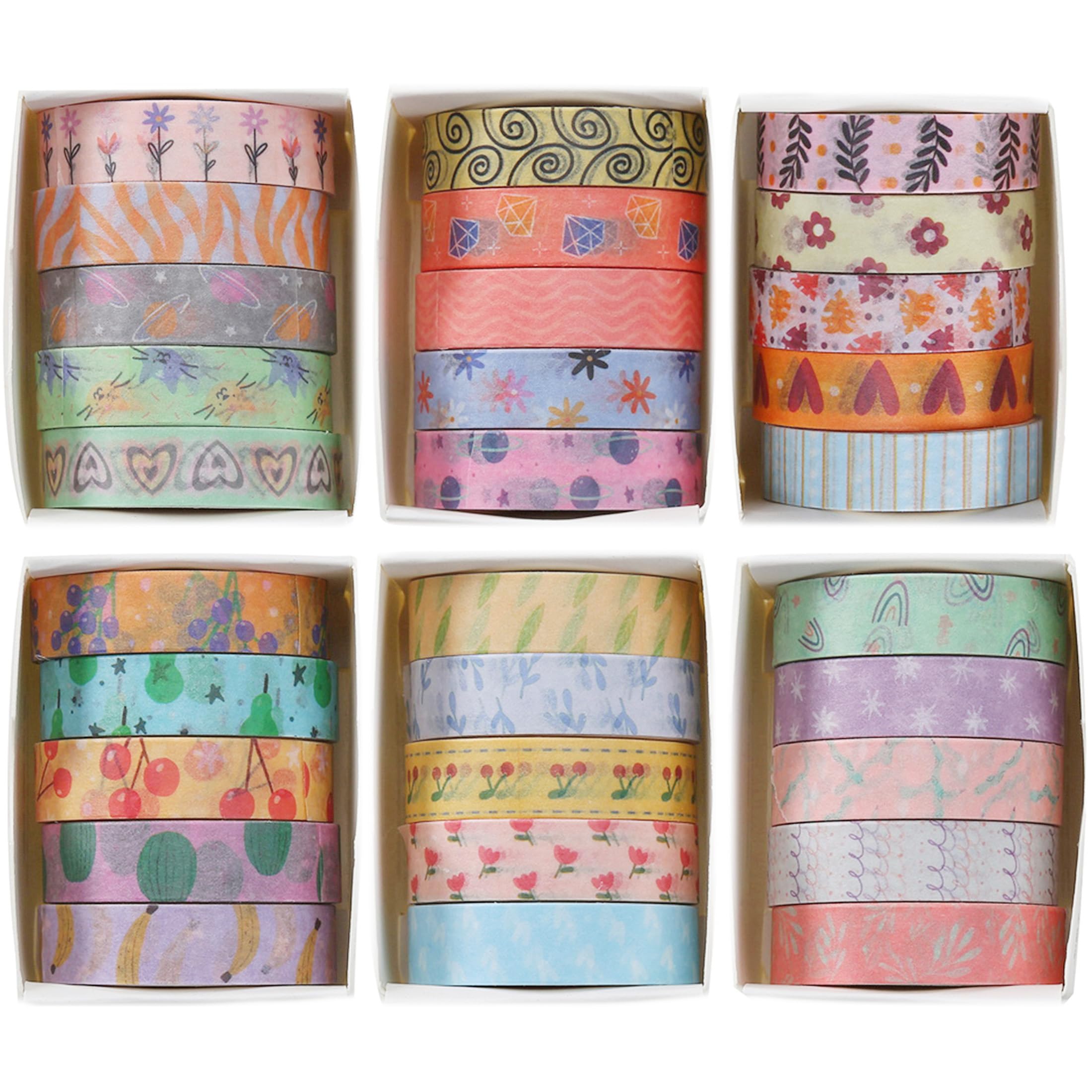 YUBX Basic Washi Tape Set 30 Rolls Cute Patterns Decorative Skinny Slim Masking Tapes for Arts, DIY Crafts, Journals, Planners, Scrapbook, Wrapping (