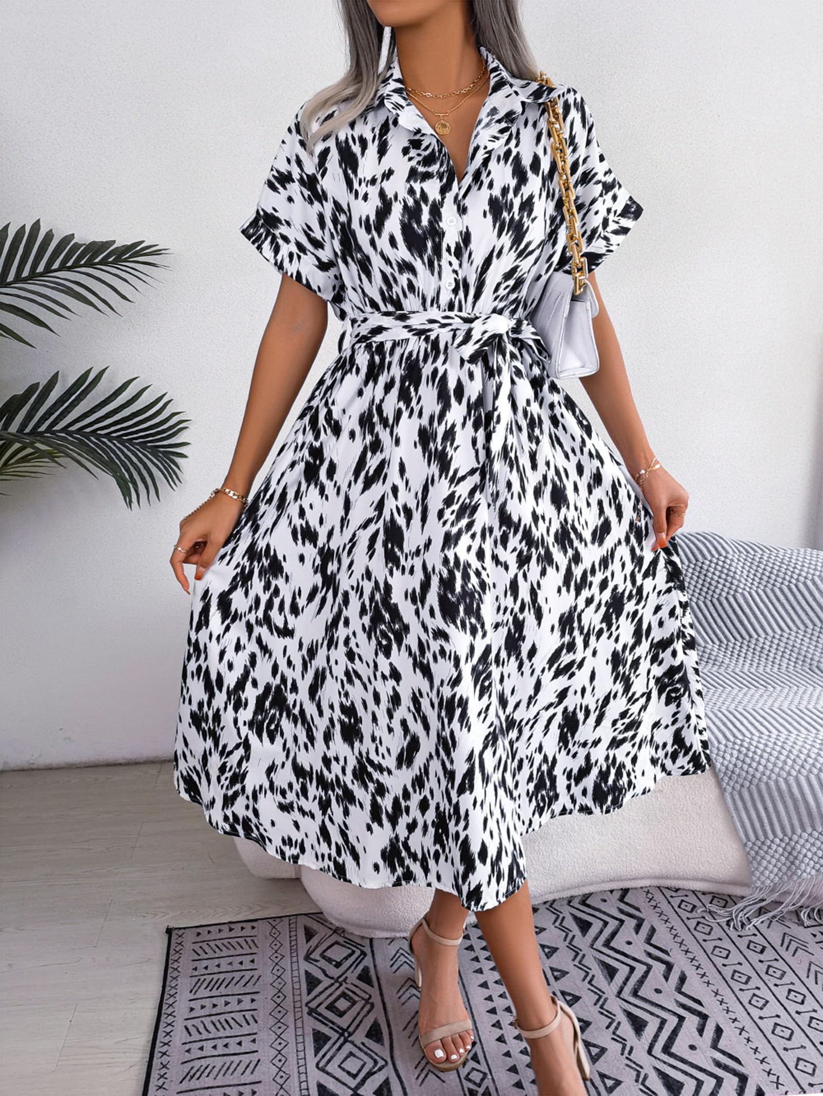 Abito da Donna Leopardo in Chiffon Loose Fit Collo con Revers Maxi Dress Elegante Abito Camicia da Donna con Cintura Prendisole Casual