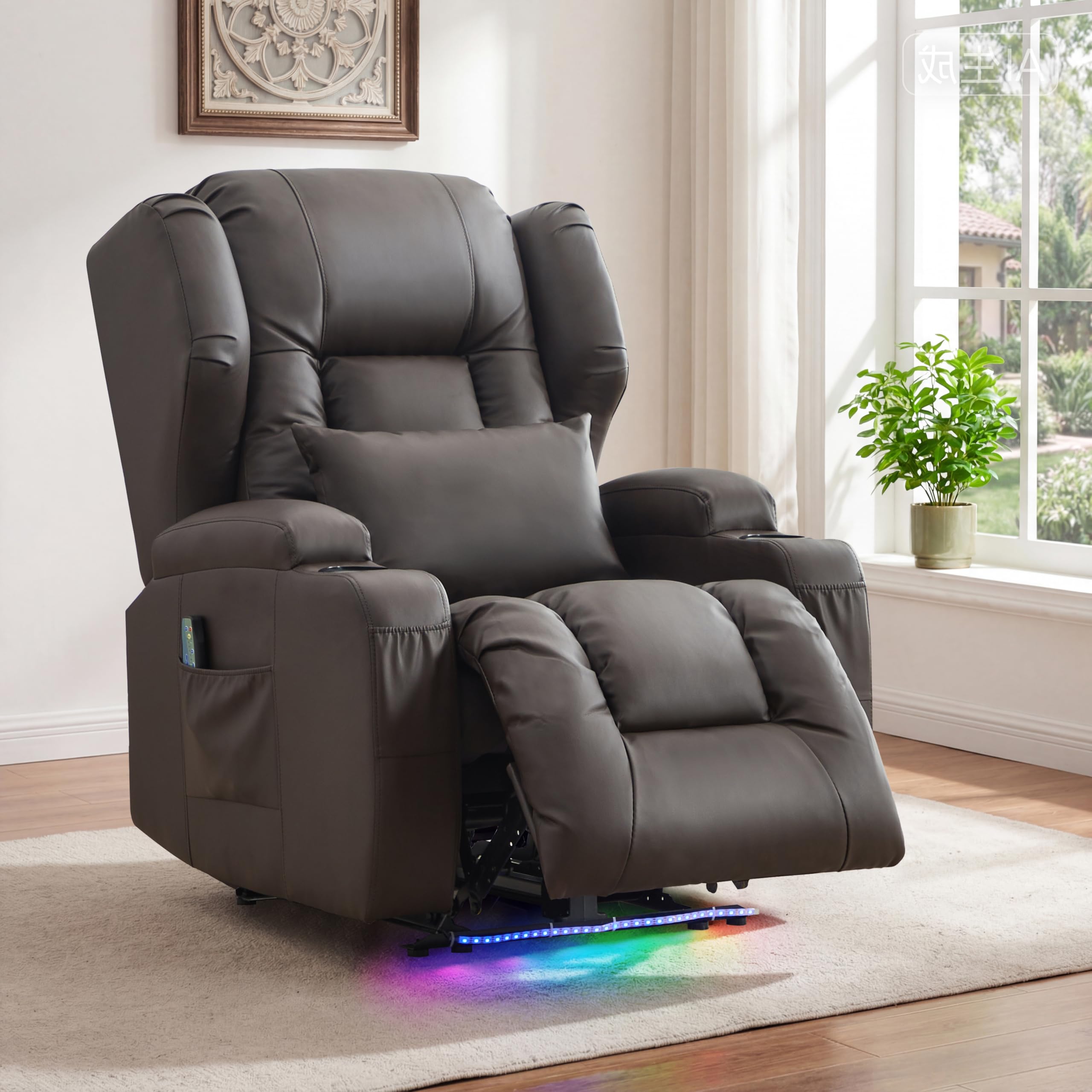 BINGTOO Electric Power Recliner Chair with Massage &amp; Heat - Ergonomic Wingback Lounge Sofa Chair for Living Room, Home Theater Seating &amp; RV with LED Light/Cup Holders/USB Ports, Brown