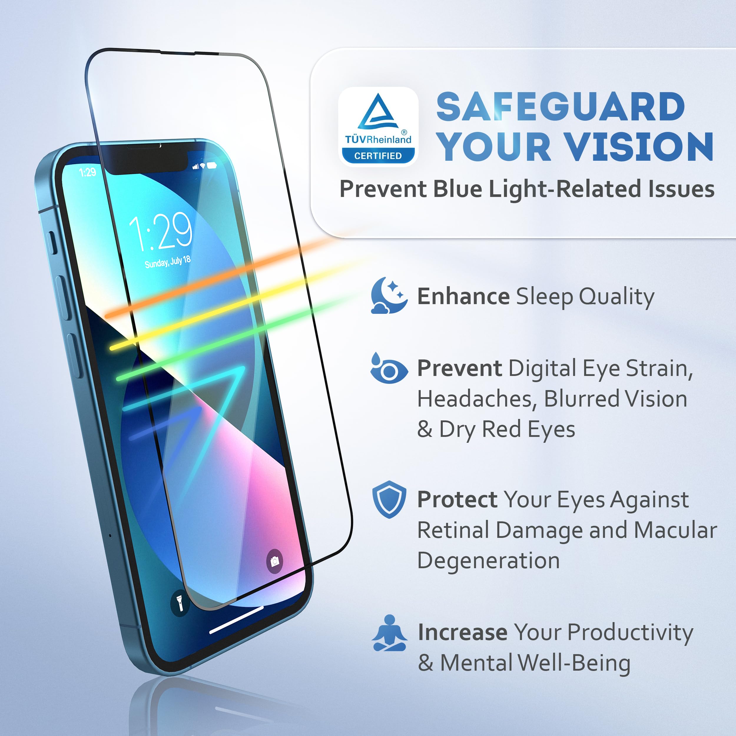 Deppa |2 Pack| Eye Safeguard TÜV Certified Anti-Blue Light Screen Protector for iPhone 13 Mini (5.4') Tempered Glass Edge to Edge Full Cover with Easy Installation Kit Tray