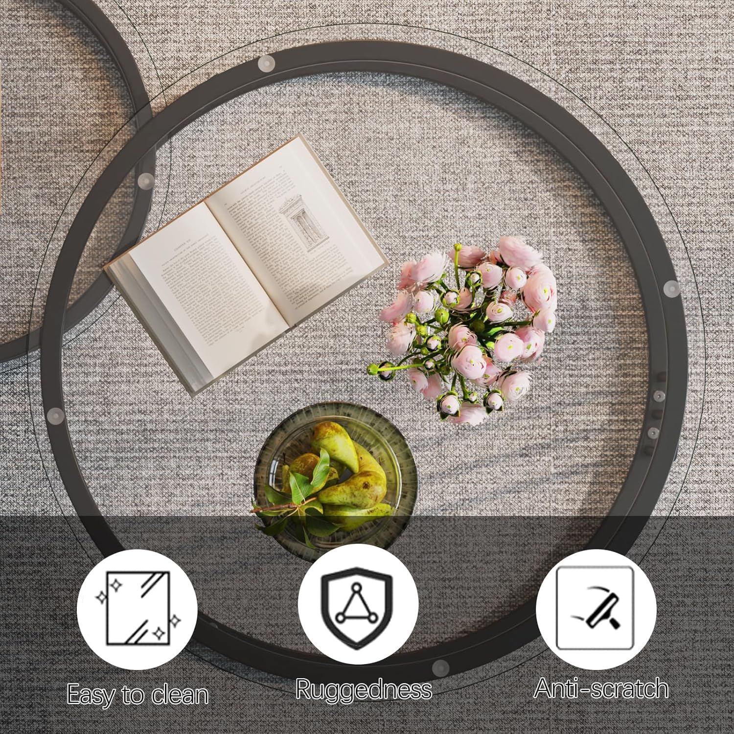 Huhote Set di 2 tavolini rotondi, tavolini impilabili, con struttura in metallo, per soggiorno, camera da letto, balcone, ufficio, appartamento, diametro 60 cm, colore nero con vetro trasparente