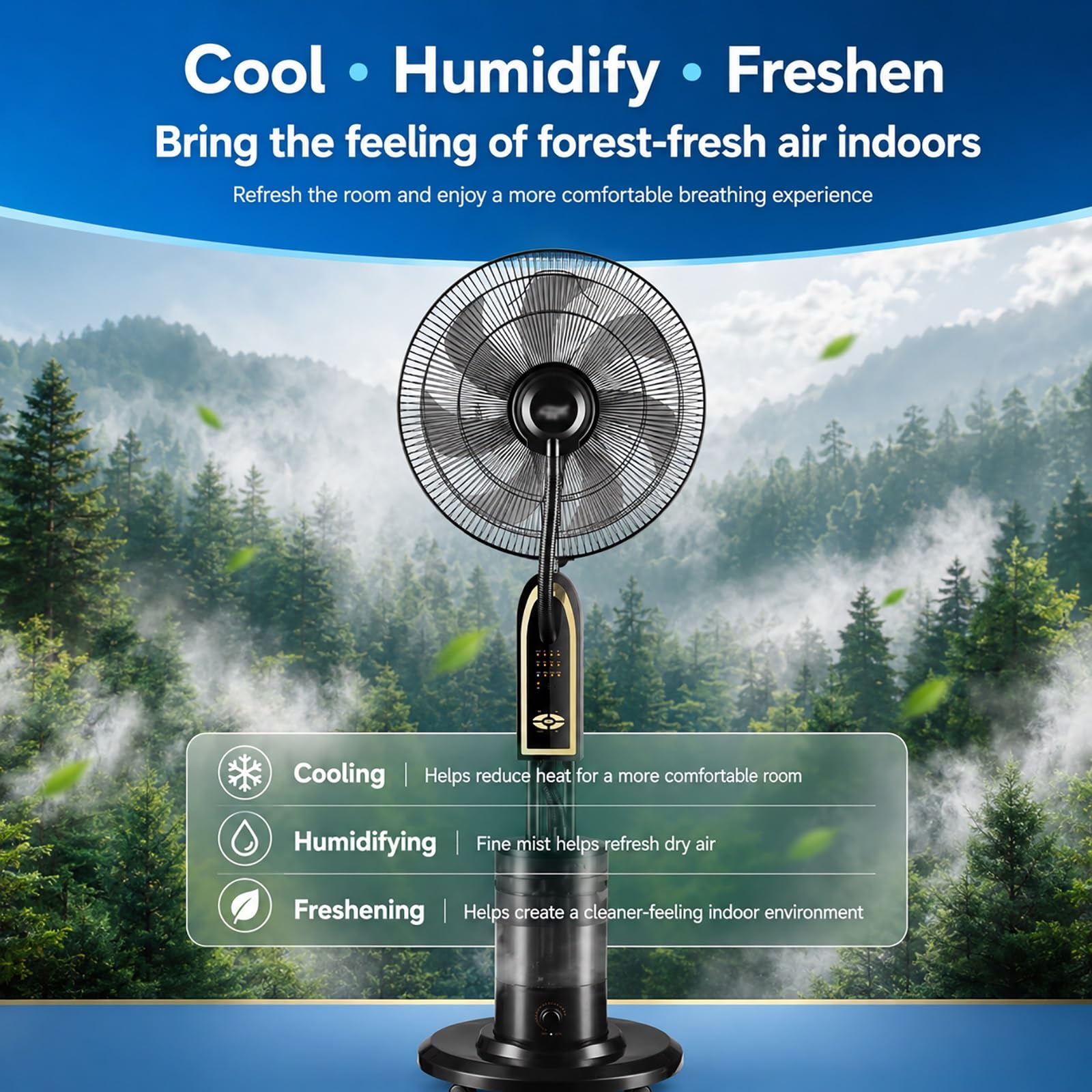 Remote Control Misting Fan with 3 Speeds, 40 cm/16 in Adjustable Tilt Stand Up Oscillating Pedestal Floor Fan with 4L Tank and Wheels, for Backyard, Garage, Patio