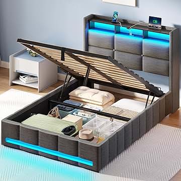 Rolanstar Bed Frame Twin Size with Lift Up Storage, Charging Station & LED Lights, Upholstered Storage Headboard, Heavy Duty Wooden Slats, No Box Spring Needed, Noise Free, Easy Assembly, Dark Grey