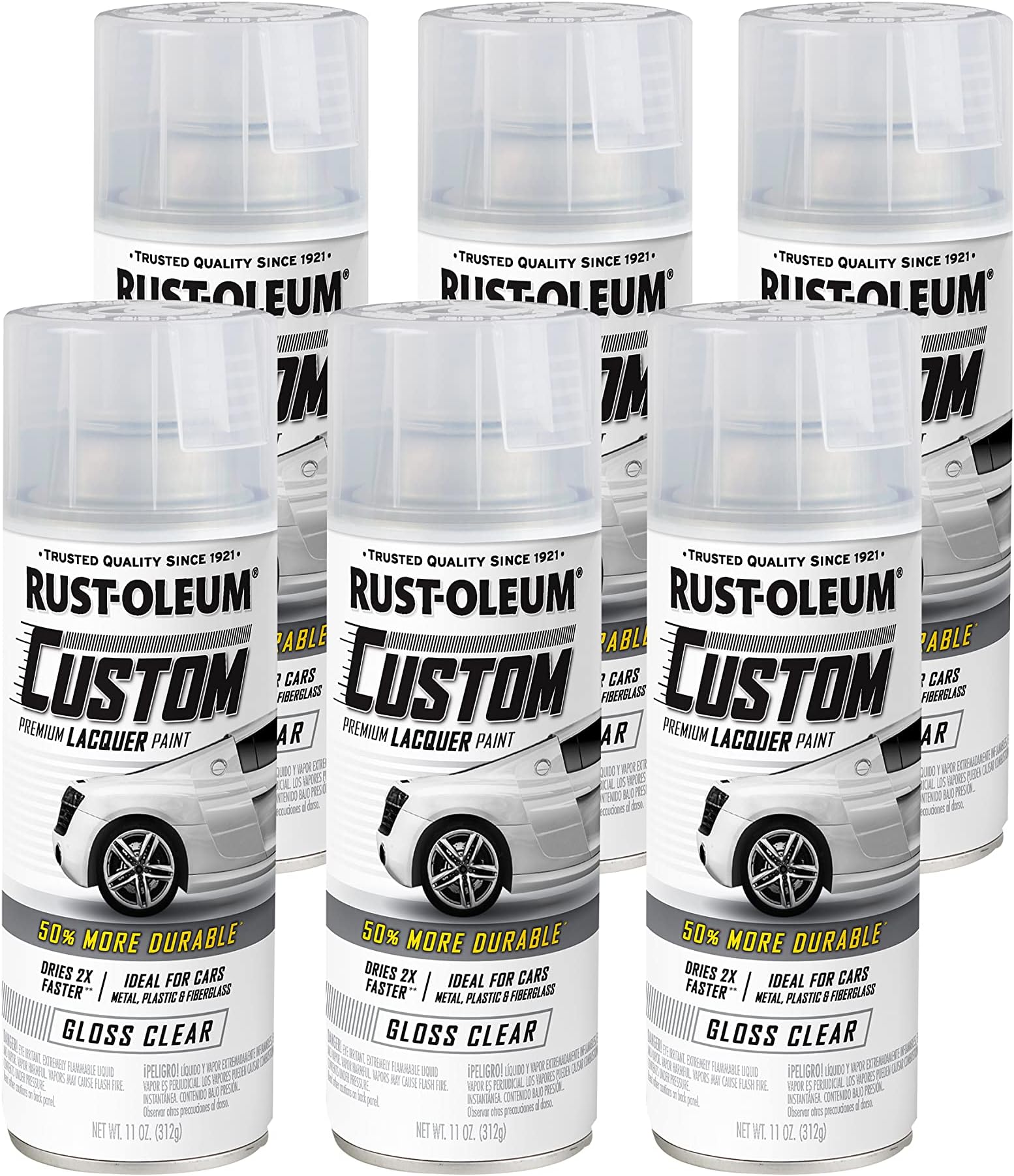 Rust-Oleum 6 x Gloss Clear Automotive Premium Custom 312g Spray Paint - Durable Quick Drying Formula for Metal, Chrome and Plastic - Premium Finish for