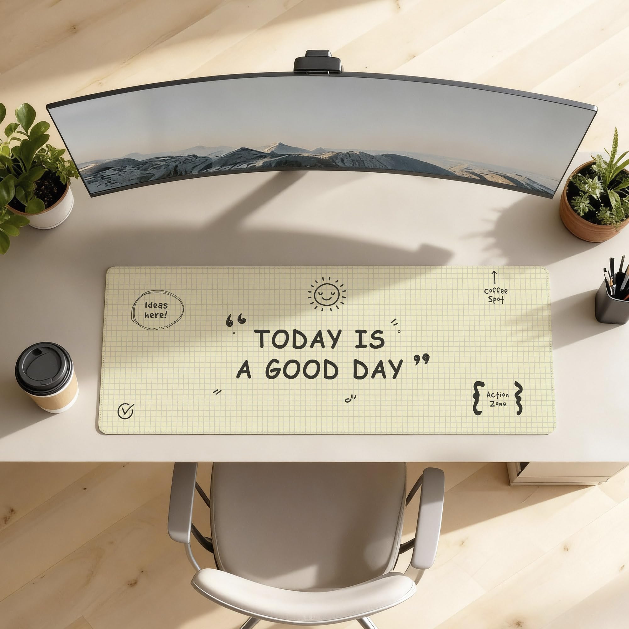 SoulAbiti Good Day Grid Sketchbook Extended Desk Pad (36x14 Inch) - Minimalist Home Office XXL Mouse Pad - Non-Slip Rubber Base & Stitched Edges 1