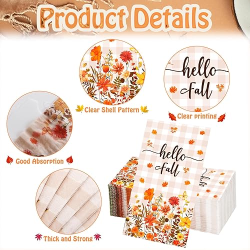 Miniatura 5 de 200 servilletas de 2 capas para invitados de otoño con diseño de hojas de arce de otoño desechables, toallas de mano desechables para cocina, baño,