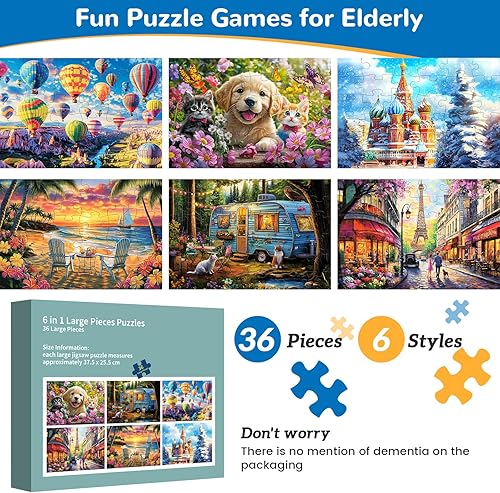 Miniatura 2 de Paquete de 6 rompecabezas de 36 piezas grandes para personas mayores, productos de demencia y Alzheimer, actividades para adultos mayores, fácil