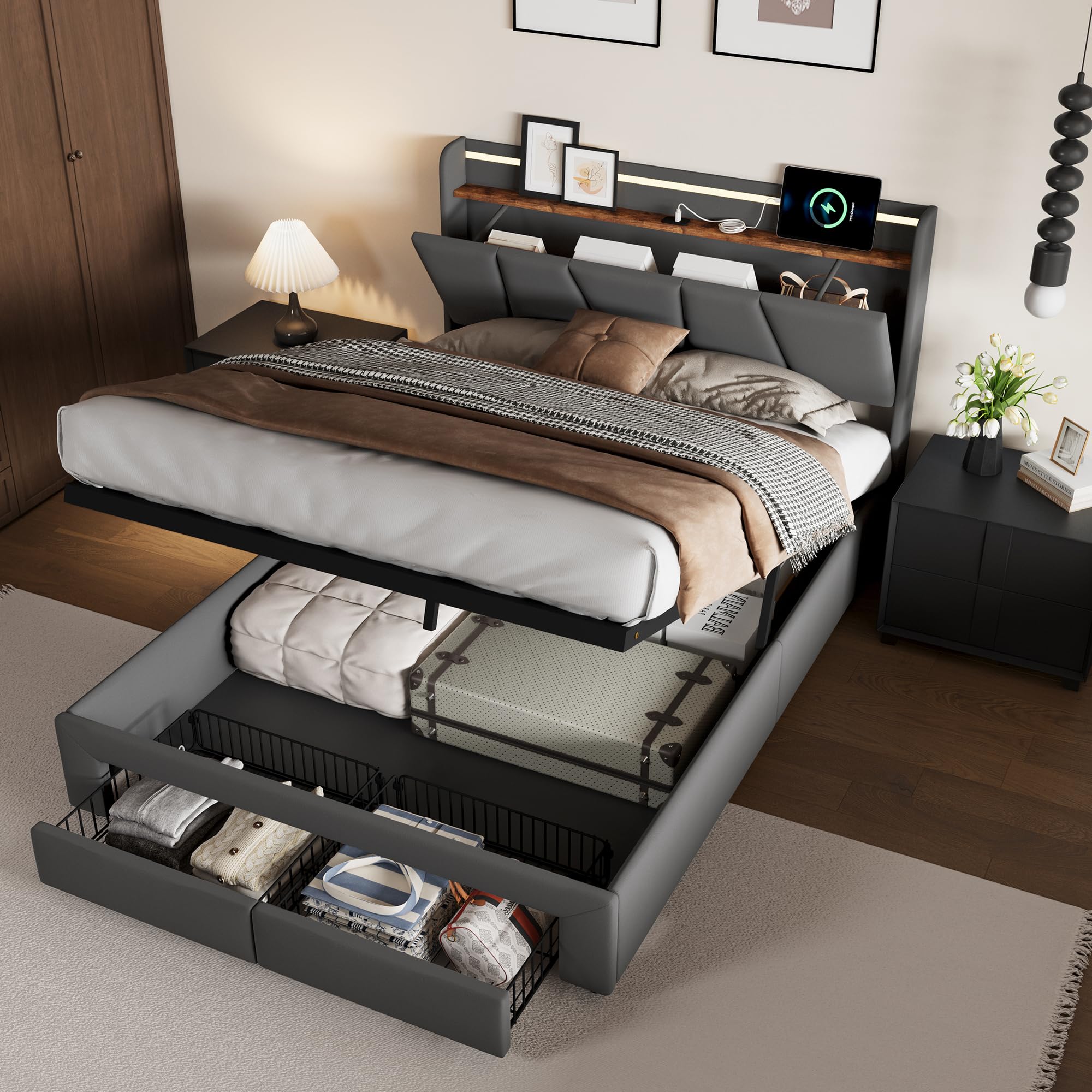 Letto imbottito 140 x 190 cm con rete a doghe, letto matrimoniale idraulico con funzione di ricarica USB e testiera, per bambini, senza materasso (lino + LED, 140 x 190 cm)