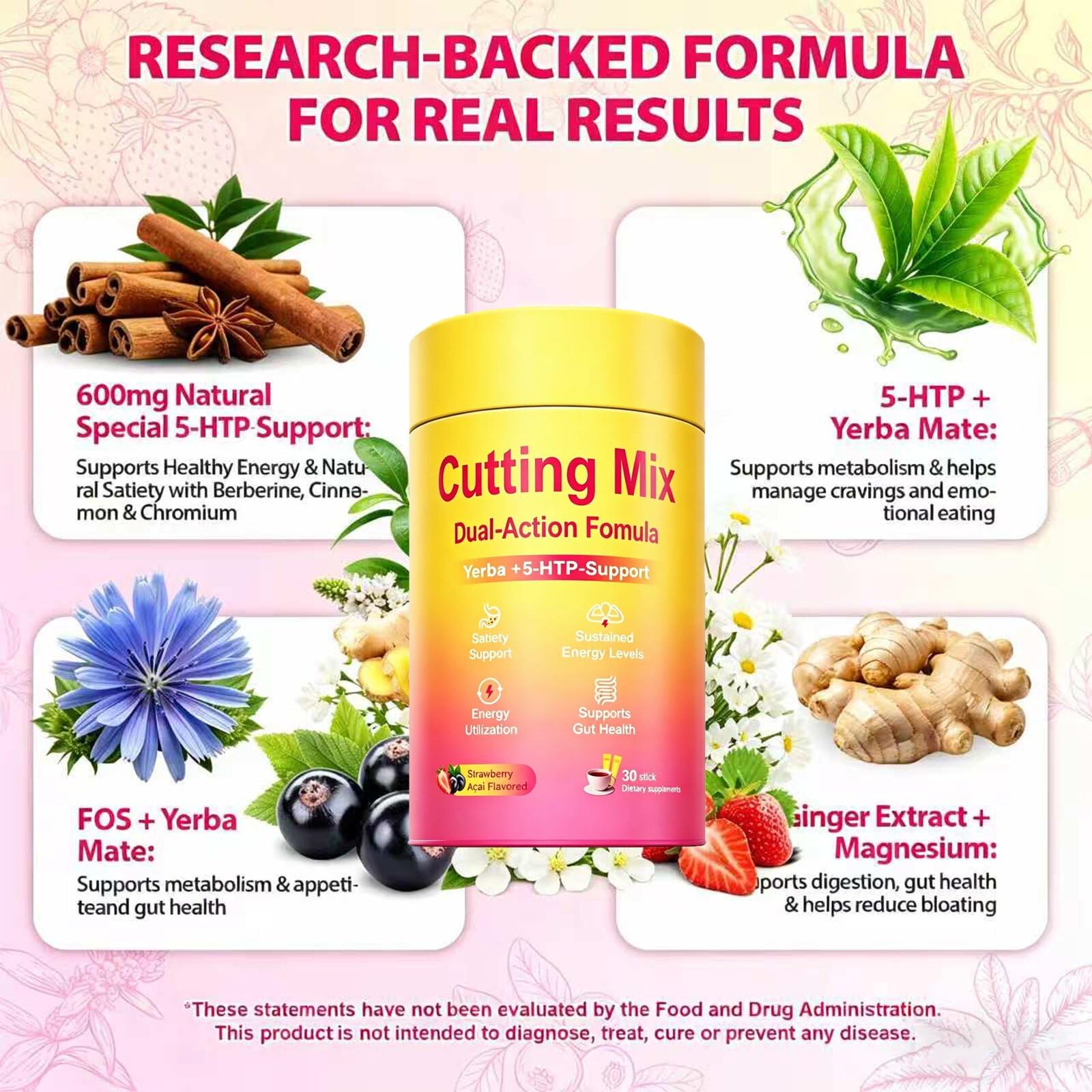 Cutting Mix Drink, Trimtaste Berberine & Yerba Mate Blend, Strawberry Açaí Flavor Daily Wellness Beverage Mix，30 Stick Packs