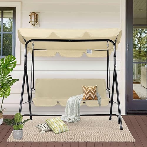 Miniatura 8 de Esright Columpios de porche para exteriores, columpios de exterior beige para adultos con cojín extraíble y marco de acero recubierto de polvo