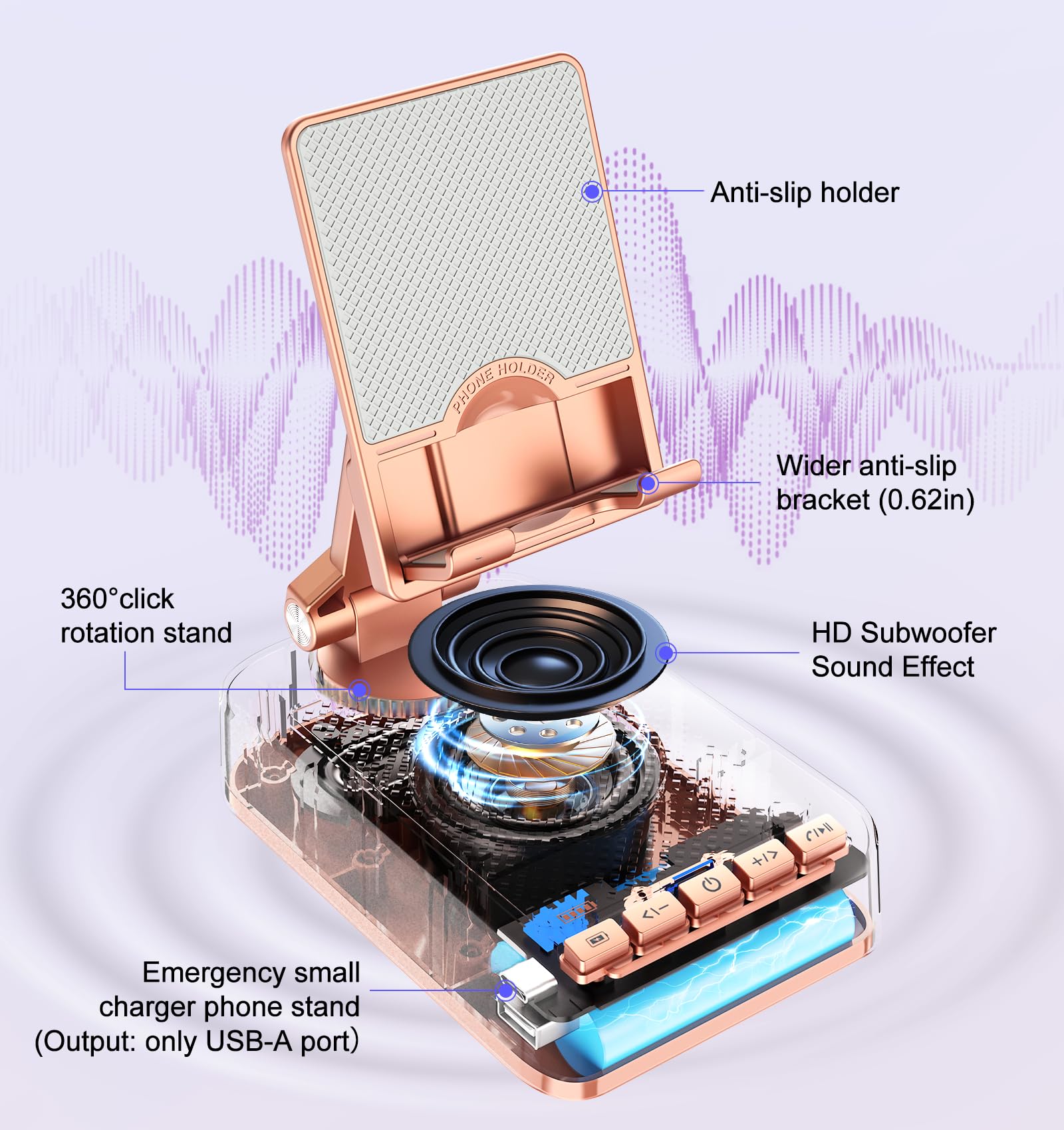 Supporto per telefono cellulare con funzione di ricarica, girevole a 360°, regolabile, con suono surround HD, per scrivania, adatto a tutti i telefoni e tablet (oro rosa)