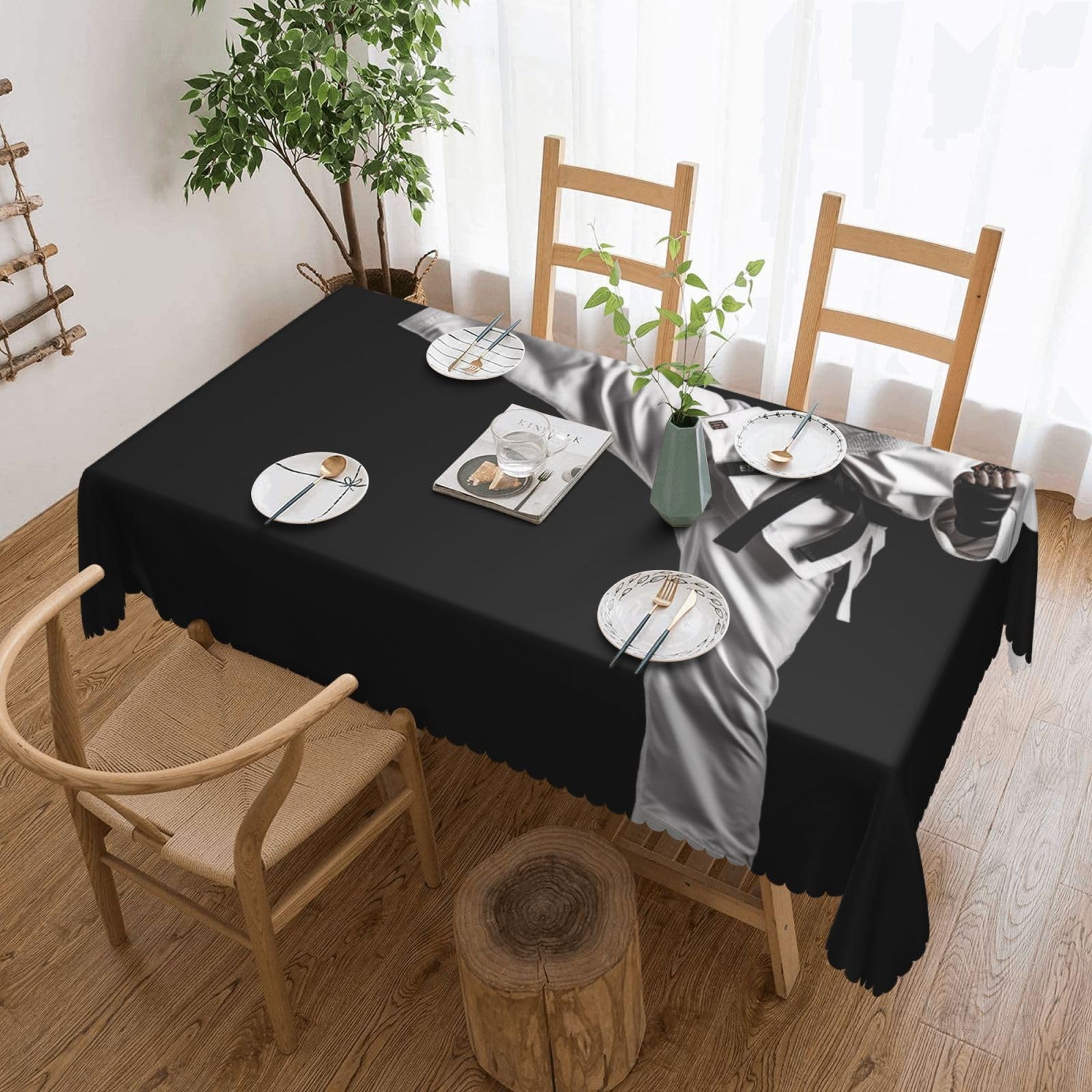 WPKJU Taekwondo Martial Arts Printed Rectangle Tablecloth 72x54 Inch with Lace Trim, Water-Resistant Washable Table Cover for Farmhouse Weddings, Outdoor Picnics & Holiday Dining