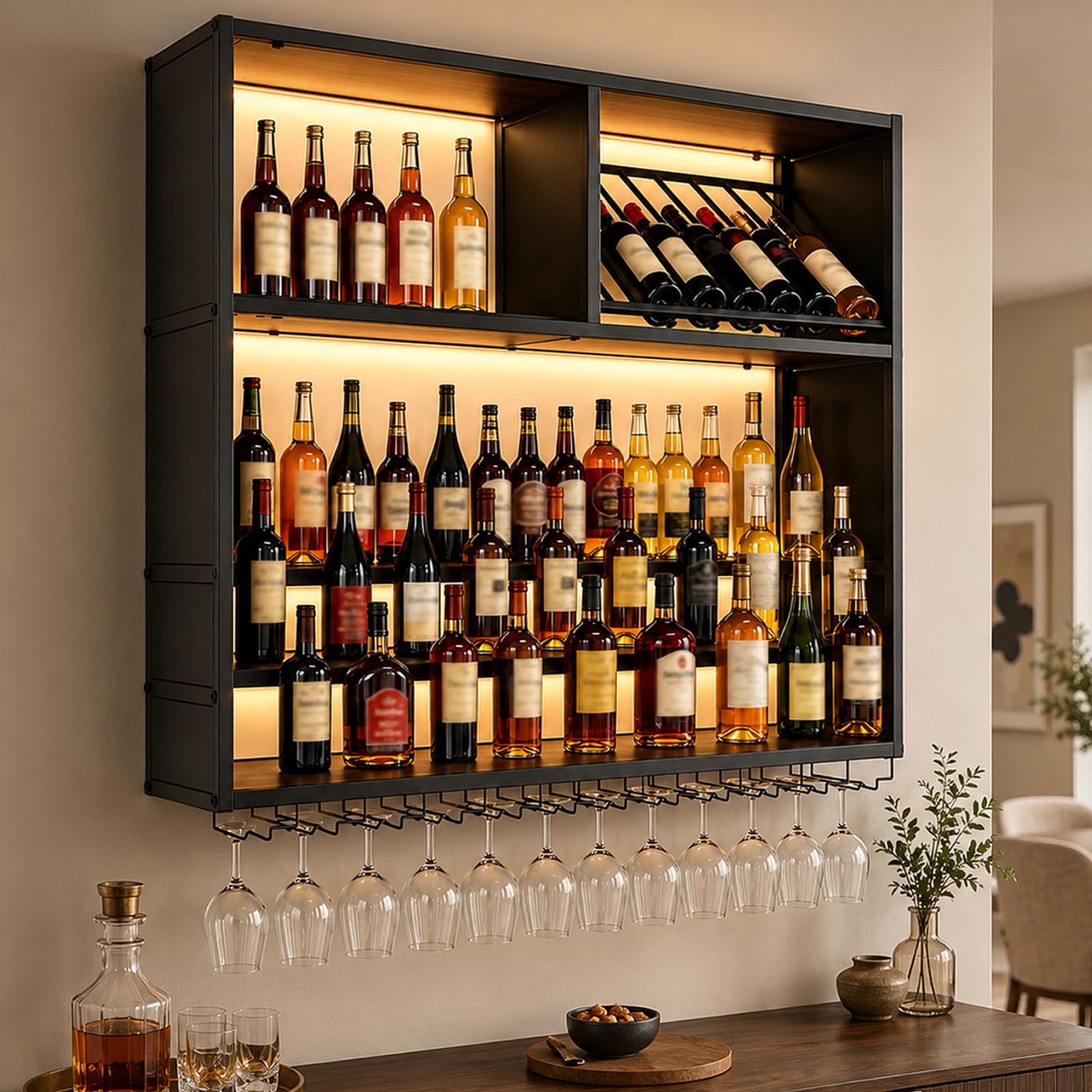 120cm Portabottiglie Vino da Parete con LED, Portacalici e Ripiani