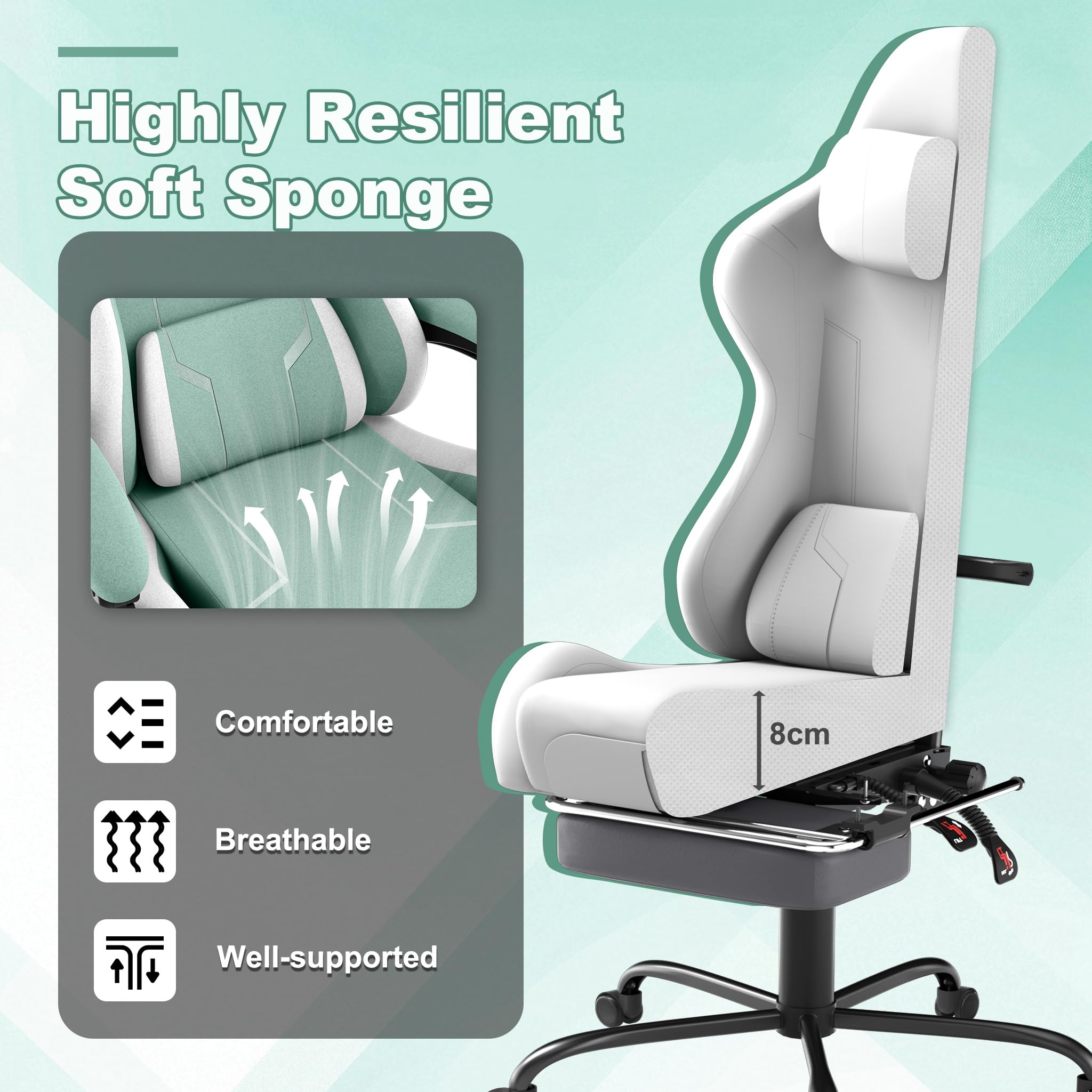 ACXIN Silla de gaming con reposapiés y reposacabezas, silla ergonómica para gaming con cojín lumbar de masaje, respaldo ajustable 90-135°, reposabrazos acolchados para gamer - Verde