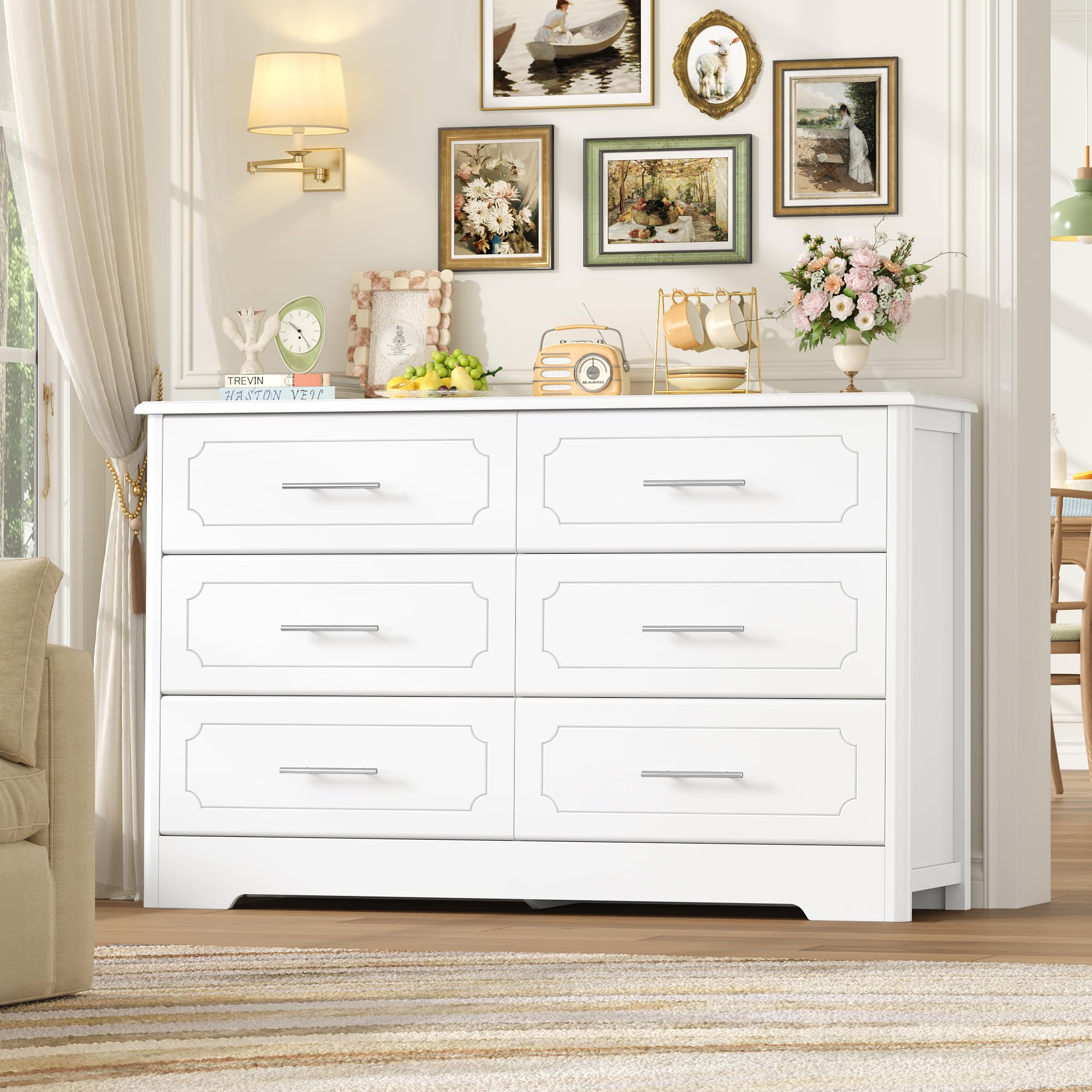 HOCSOK Cassettiera 118 cm con Superficie Verniciata e 6 Cassetti, Bianco