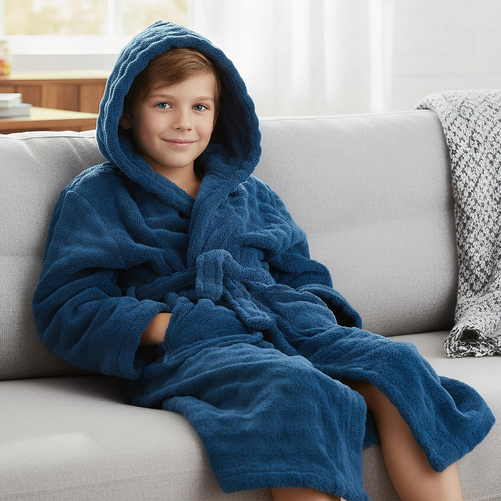 WYTbaby Albornoz unisex de forro polar suave con capucha para niños de 4 a 14 años