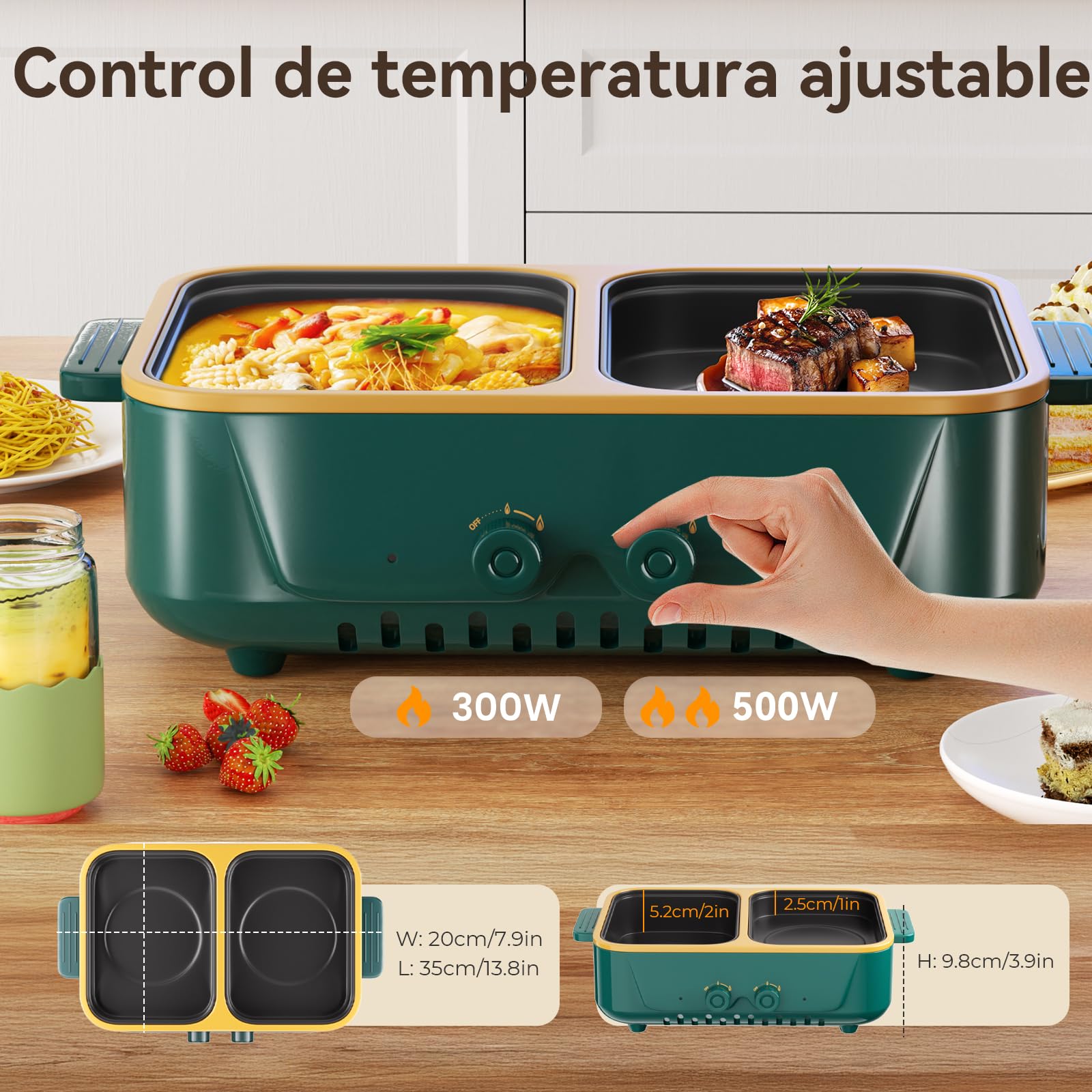 Olla eléctrica y parrilla 2 en 1, doble control de temperatura, calentamiento rápido - Electrodoméstico para cocinar en interiores: ideal para barbacoas, filetes, fideos y más - Hasta 4 pers (Verde S)