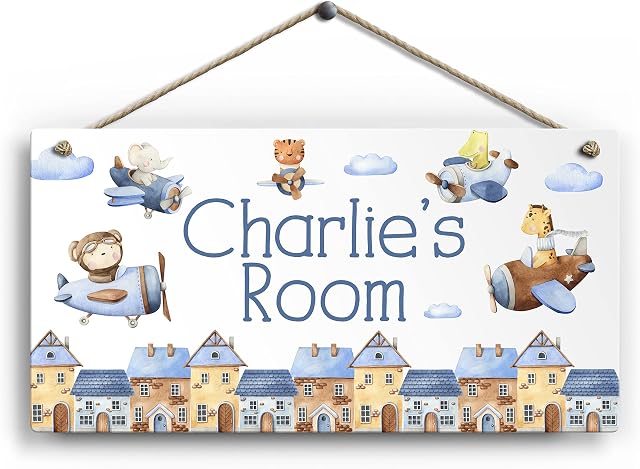 iCaseDesigner Personalised Room Sign with Childs Name - Animal Airplane Theme. Gloss Metal Wall Art. Baby, Toddler, Infant Bedroom.