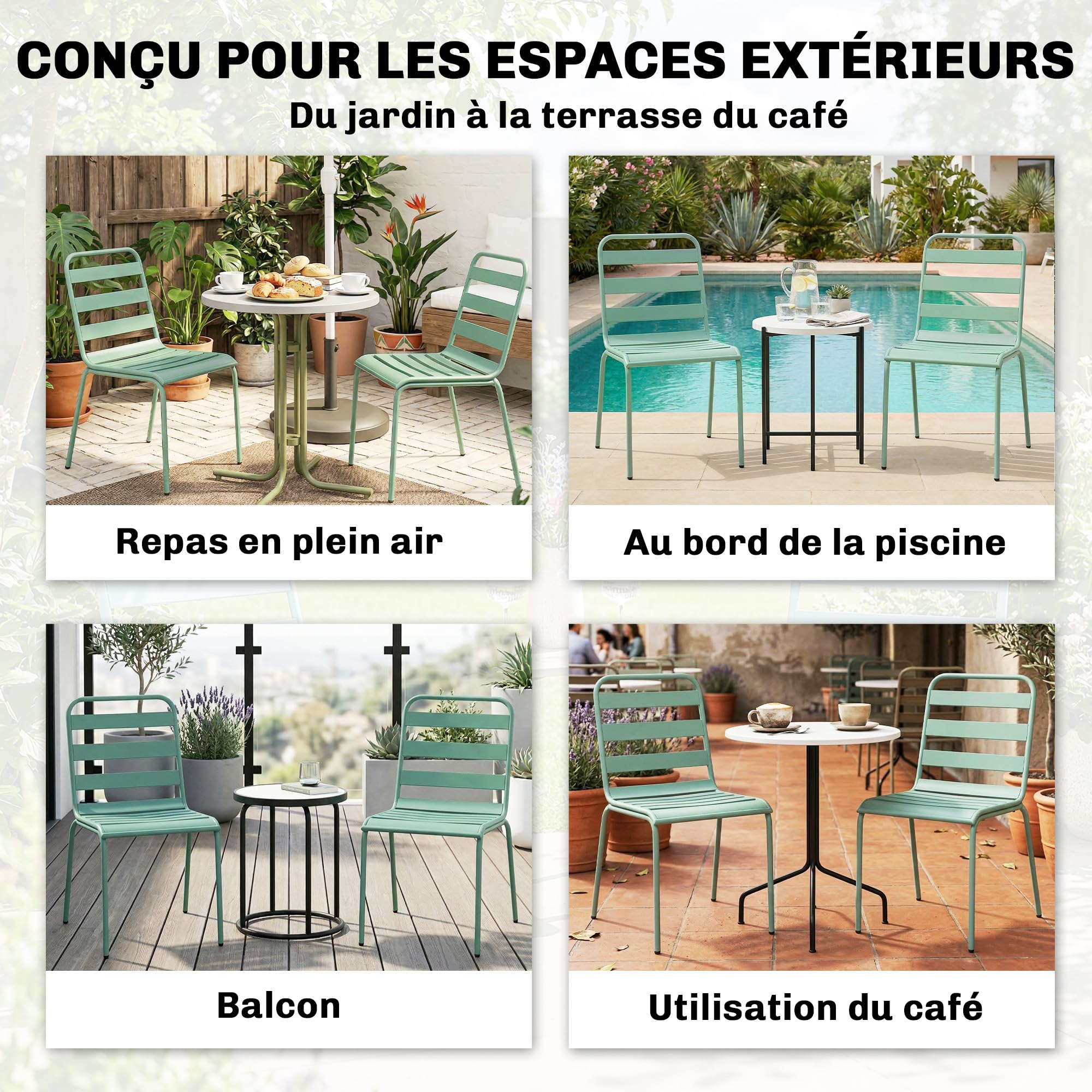 Outsunny Lot de 2 Chaises de Jardin, Empilables en Métal, Balcon, Vert | Chaises pour Salle à Manger Extérieure, Mobilier d'Extérieur pour Jardin