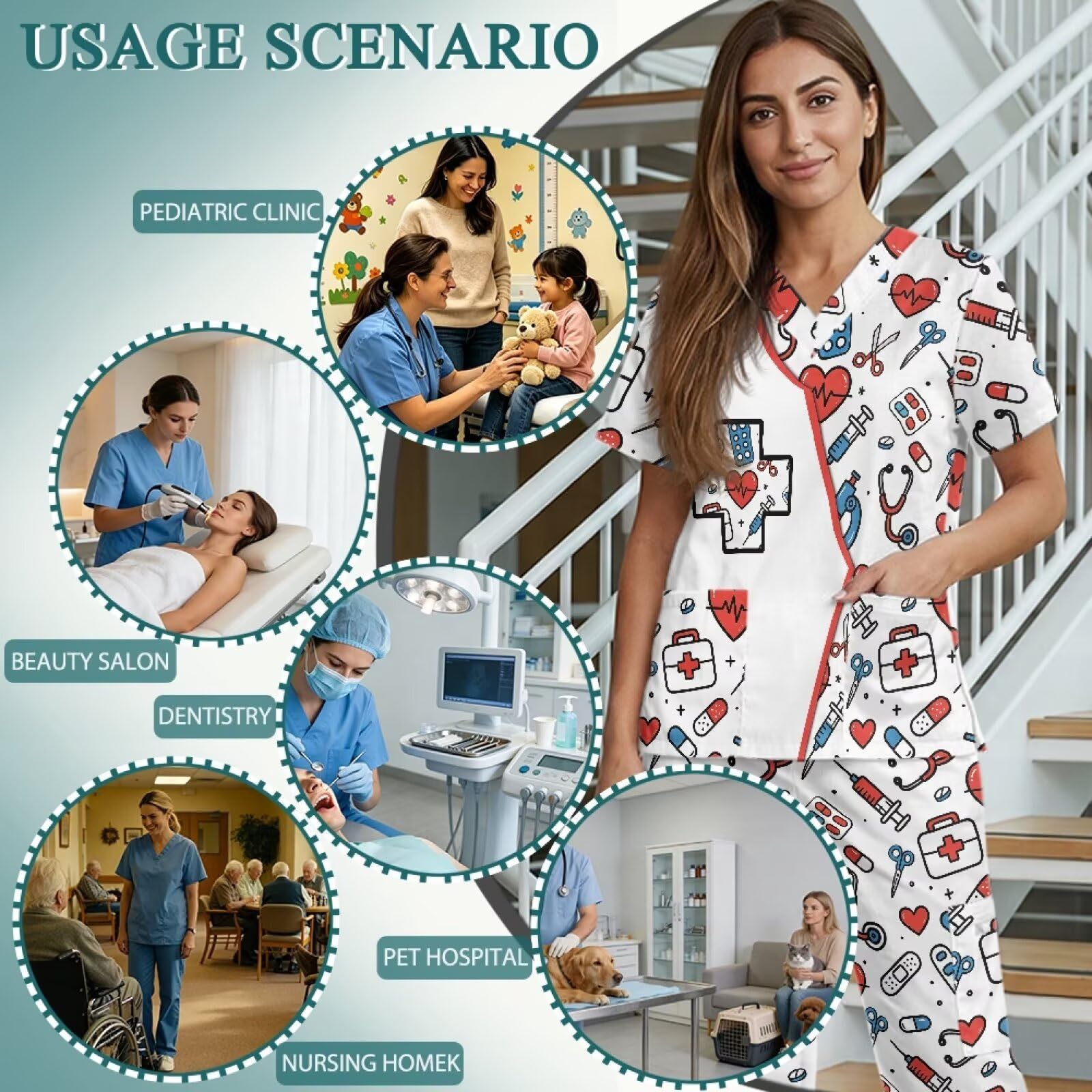 Set di scrub con stampa carina con scollo a V e pantaloni a gamba dritta con 6 tasche, per infermieri, abbigliamento da lavoro, facile da pulire