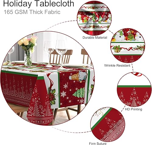 Miniatura 4 de Mantel de Navidad, mantel de Navidad para mesa rectangular, mantel de árbol de Navidad, muñeco de nieve, 60 x 84 pulgadas, con flor de pascua,