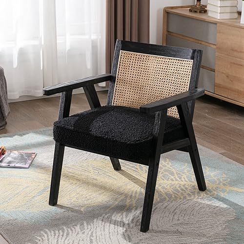 Silla moderna de ratán, sillas tapizadas de piel sintética negra con respaldo de bastón, silla de caña moderna retro de mediados de siglo para