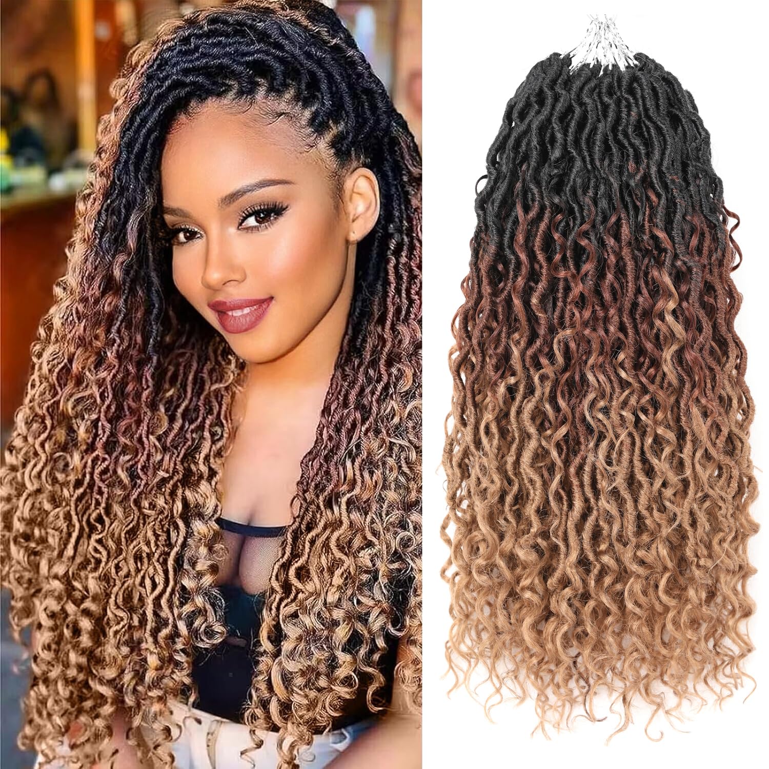 Aipin New Goddess Locs Crochet Hair 18 Inch Boho River Locs Hippile Wavy Crochet With Curly Hair In Middle And Ends Braids Hair Extensions (8 Packs,18