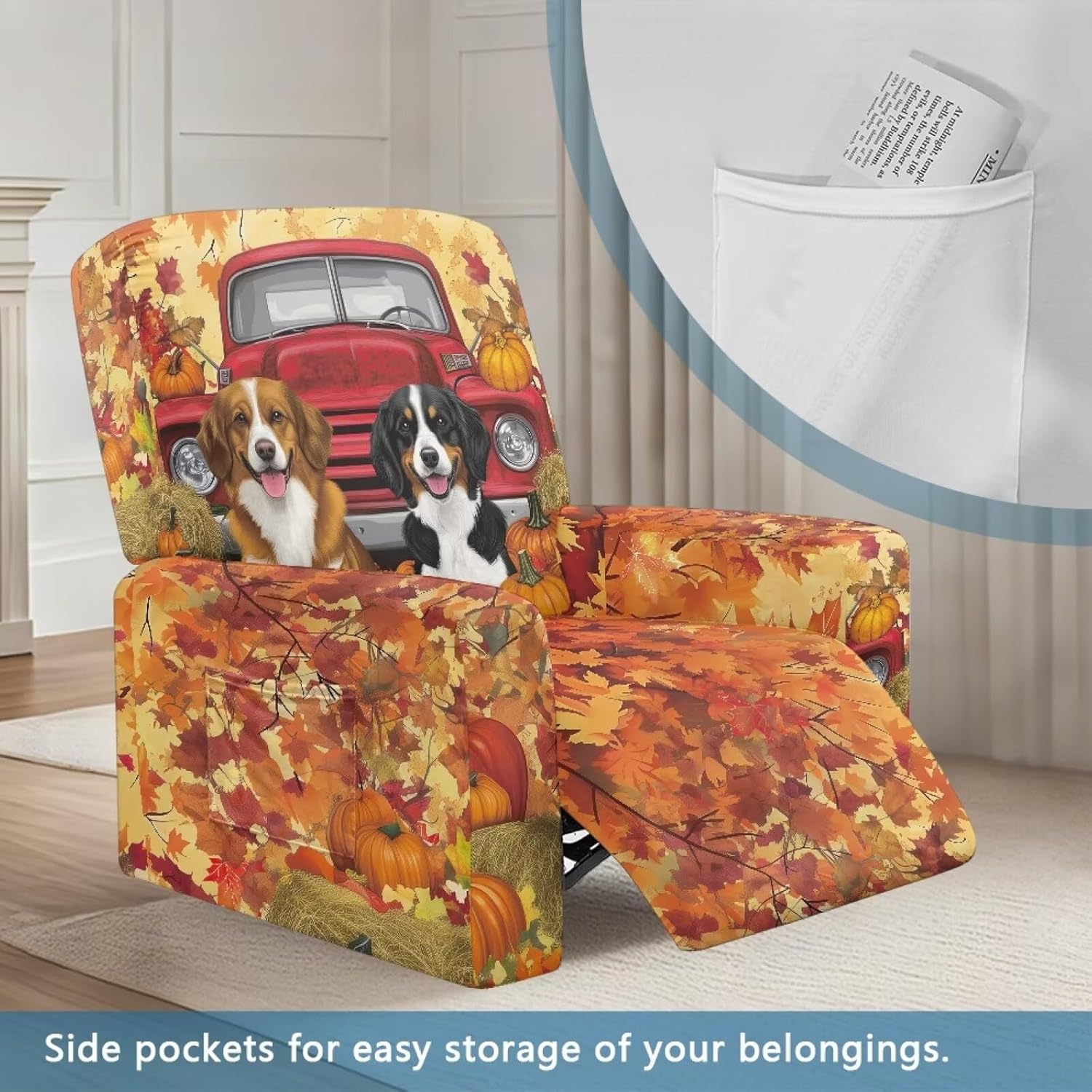 FOR U DESIGNS Dog Red Car Maple Leaf Quick Install Recliner Slipcover with Elastic Loops Stretch Protective Cover for Living Room Reclining Sofa Chairs Washable