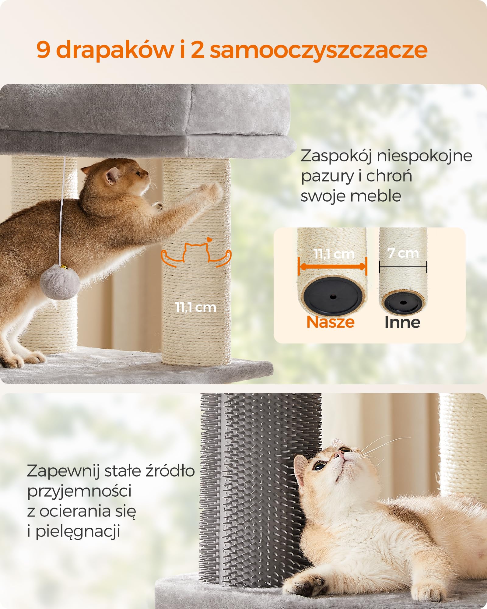 Feandrea Drapak dla kota z ciepłymi kocami, dla dużych kotów, 2 szczotki kotów, grubość pnia 11,1 cm, duże platformy, 50 x 50 x 160 cm, kolor gołębiej szarości i kremowej bieli PCT003N01