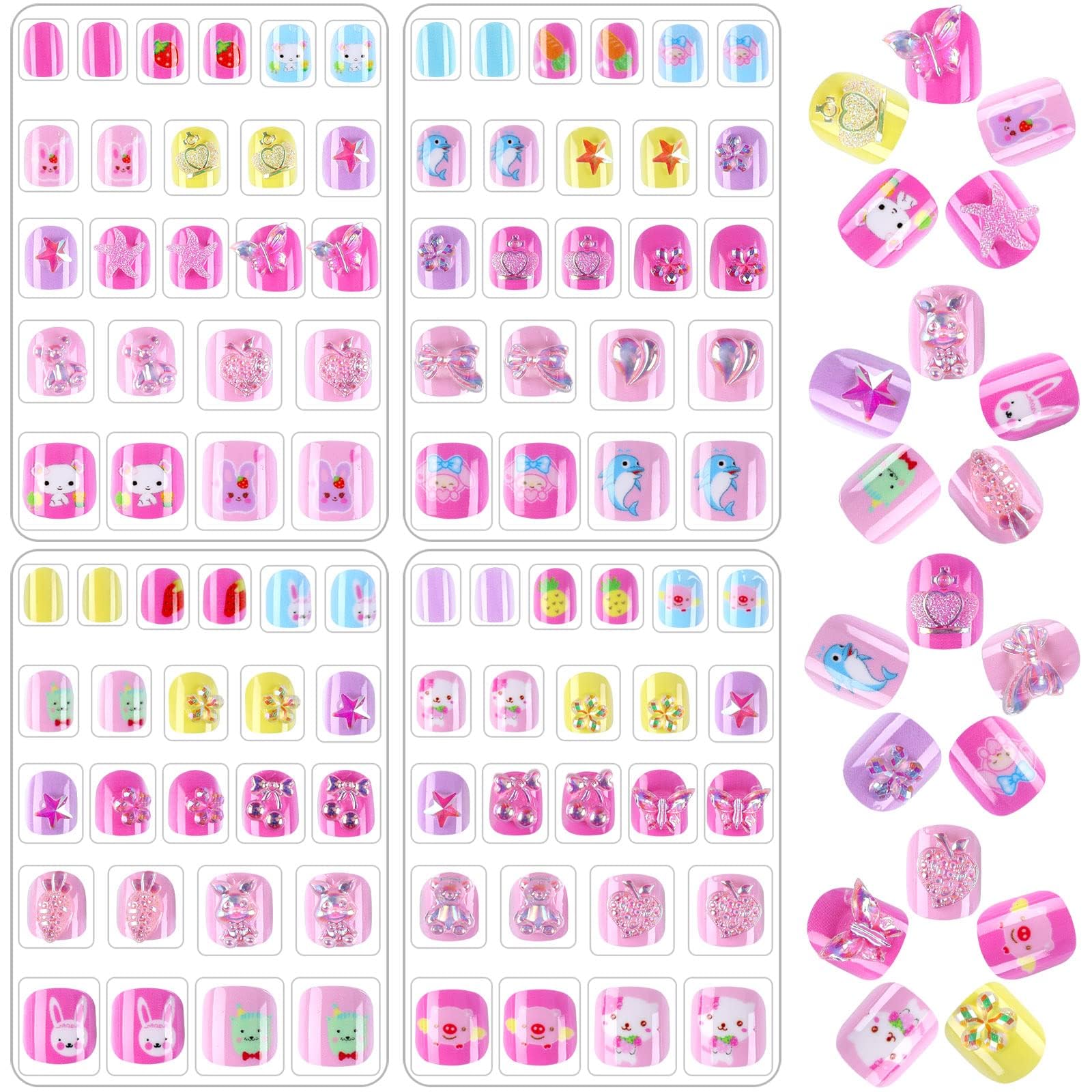 JANYUN Children False Nails, 96Pcs Stick on Nails for Kids Pre-glue Full Cover Short Fake Nails Party Favors Gift (3D)