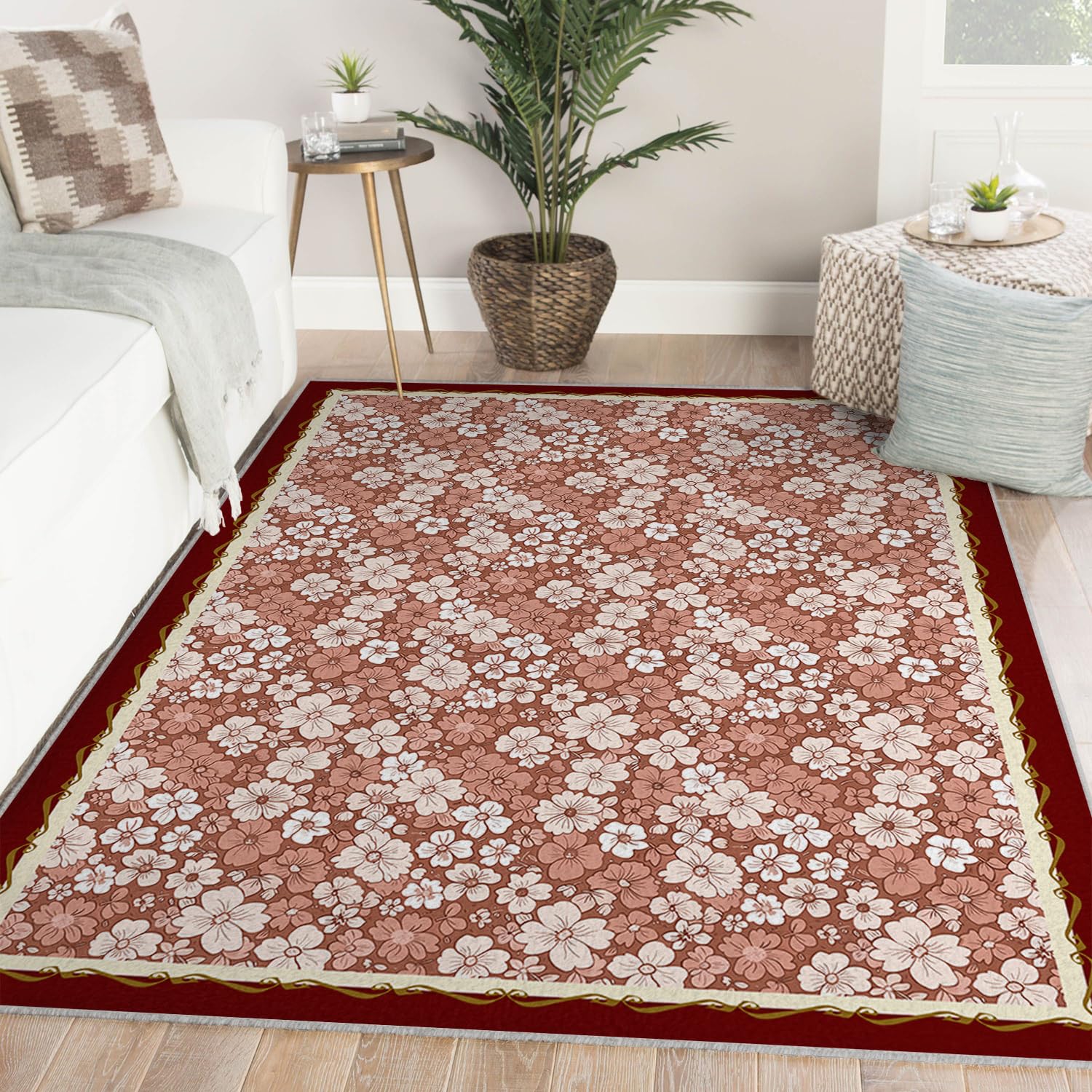 Tapis 200x300cm salon bohème marguerites grande carpette lavable chambre