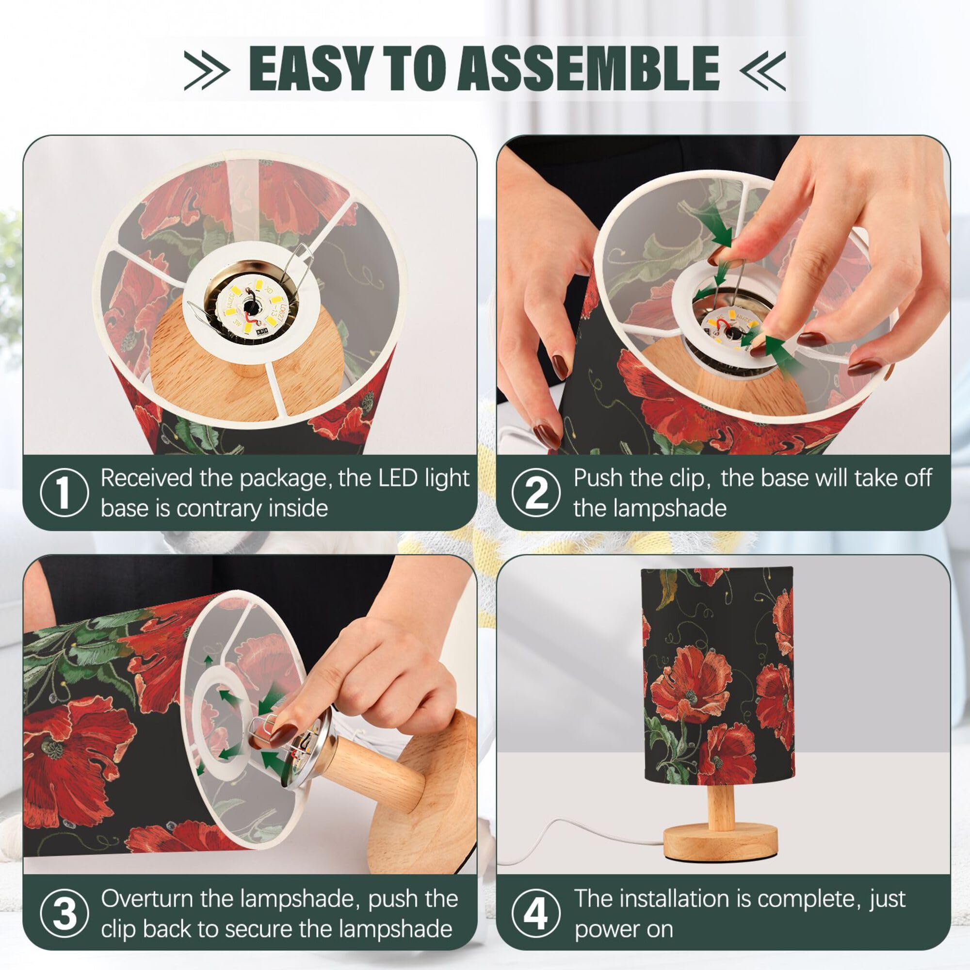 Lámpara de mesa con estampado de flores de amapola roja, con patrón floral, lámpara de mesita de noche con base de madera, pantalla de tela, lámpara de escritorio para sala de estar, dormitorio
