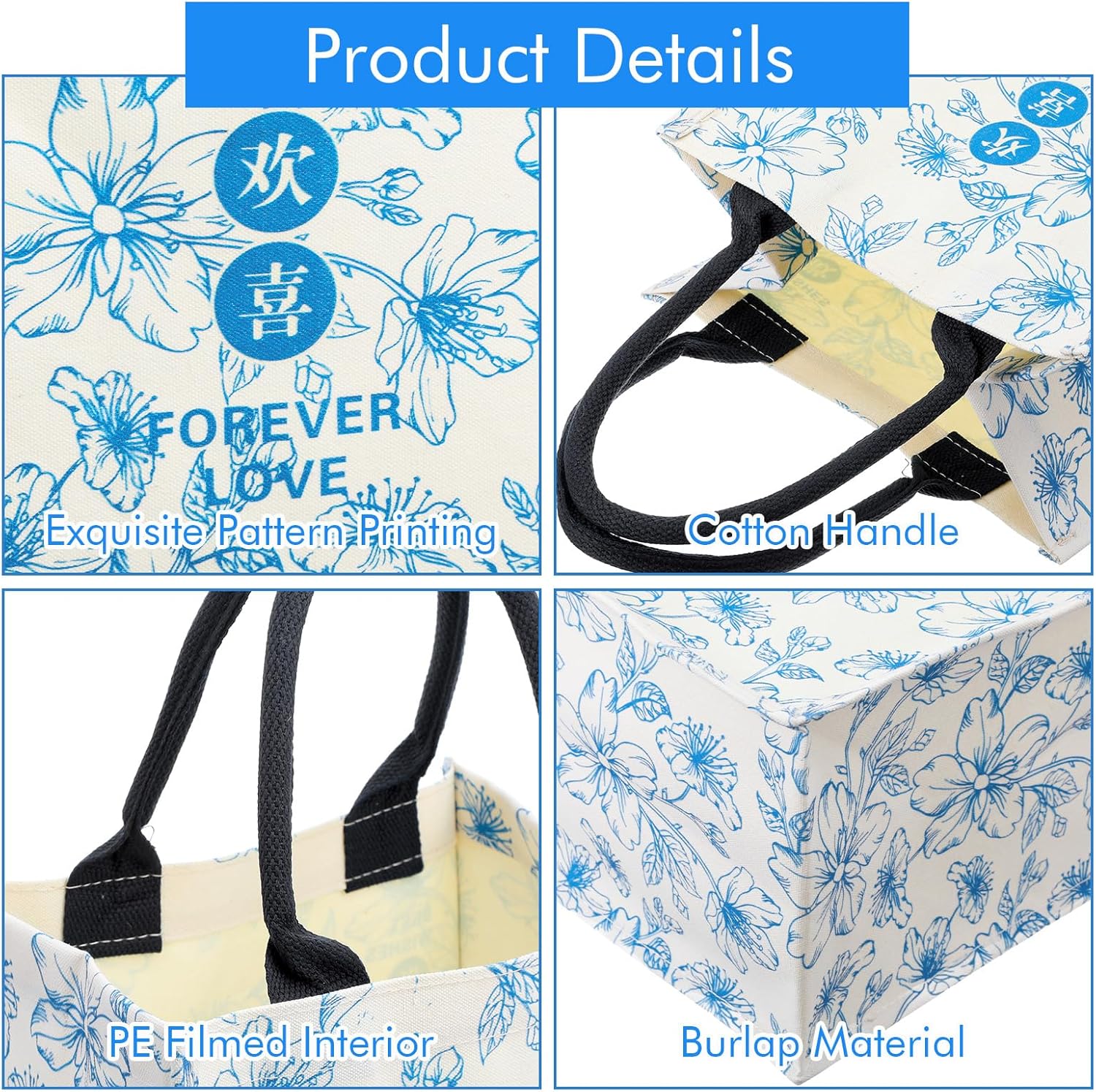 6 Pcs Bridesmaid Bags Blue White Vintage Floral Burlap Tote Bridal Party Gift Bags Reusable Jute Tote with Handles Medium for Wedding Day Engagement DIY Shopping Bridal Shower - Image 5