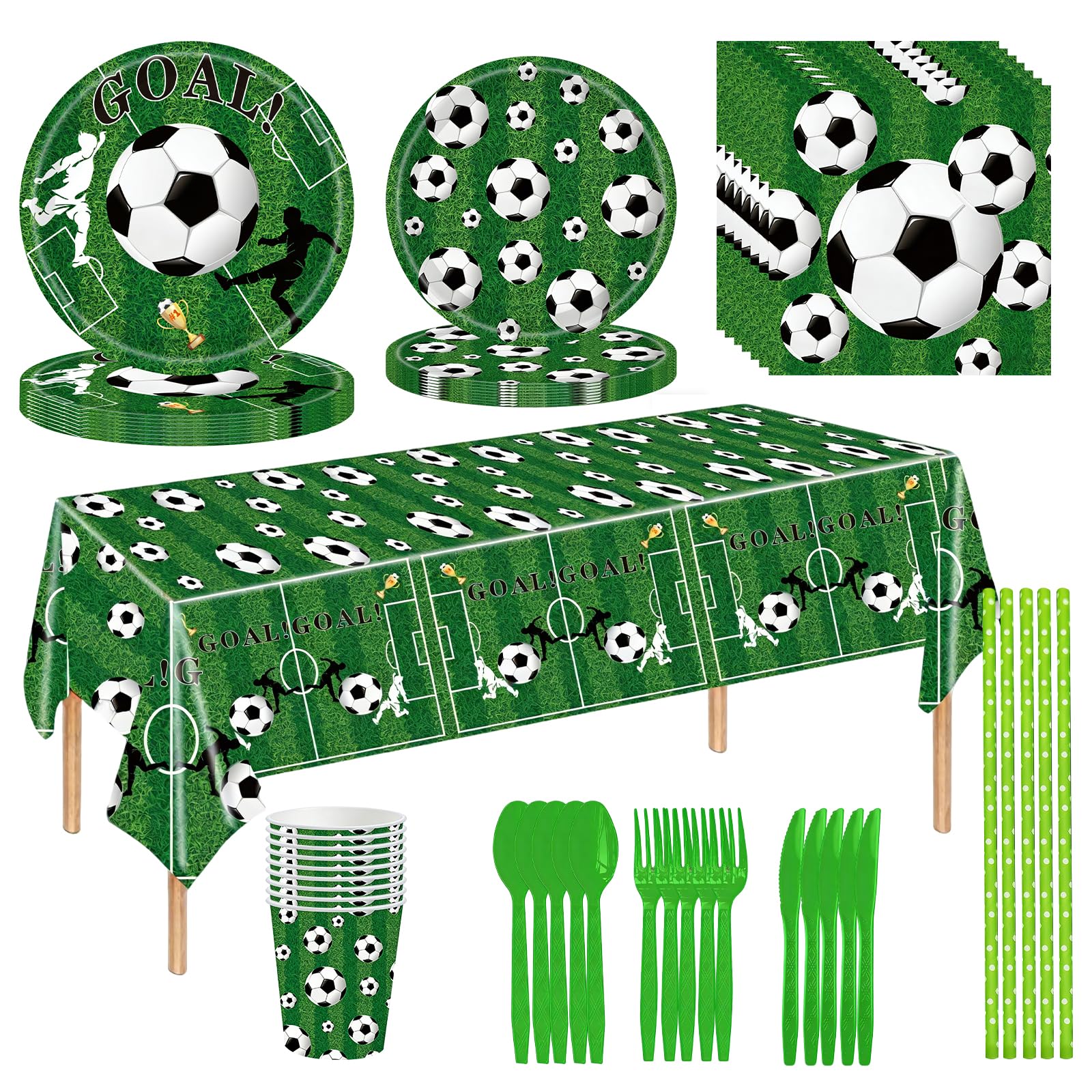 133Pcs Football Party Decorations, Football Birthday Party Tableware Soccer Celebration Plates Green Table Cloth ect Fits Celebrate the Soccer Birthday Supplies and Decorations