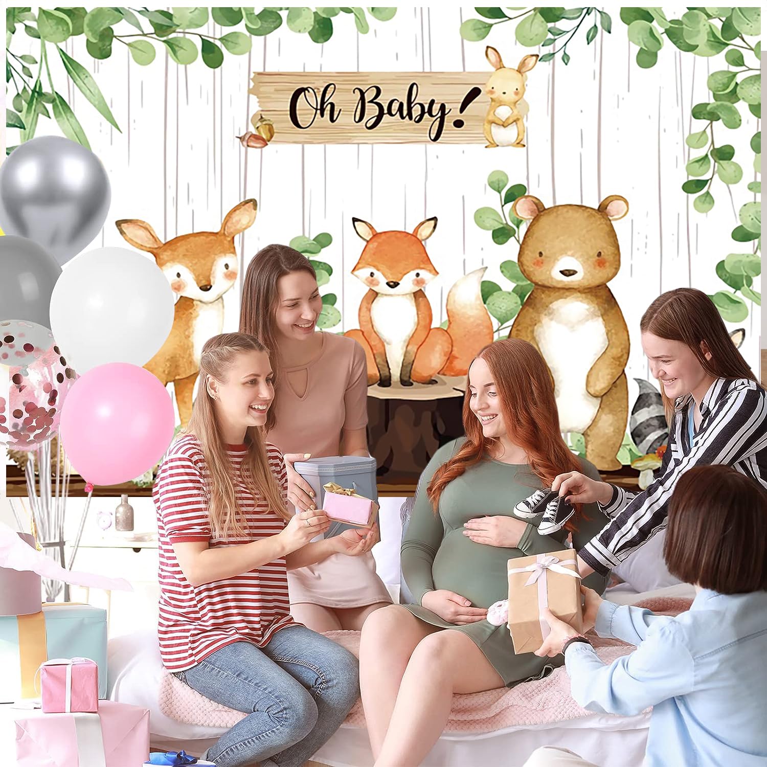 3x2m Telón de Fondo Baby Shower Oh Baby Woodland Safari Jungle Animal Tema Niño Niña Fotografía Fondo Baby Shower Género Reveal Cumpleaños Decoraciones Banner Photo Booth Props