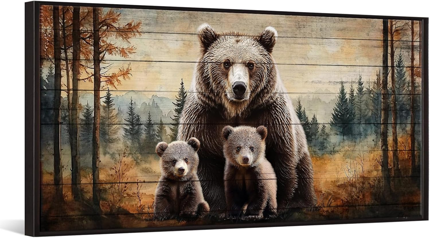iKNOW FOTO Bear Family Wall Art with Black Floater Frame Rustic Forest Animal Canvas Print for Cabin Lodge Bedroom Living Room Nature Wildlife Brown Bear and Cubs Picture Ready to Hang 20x40''