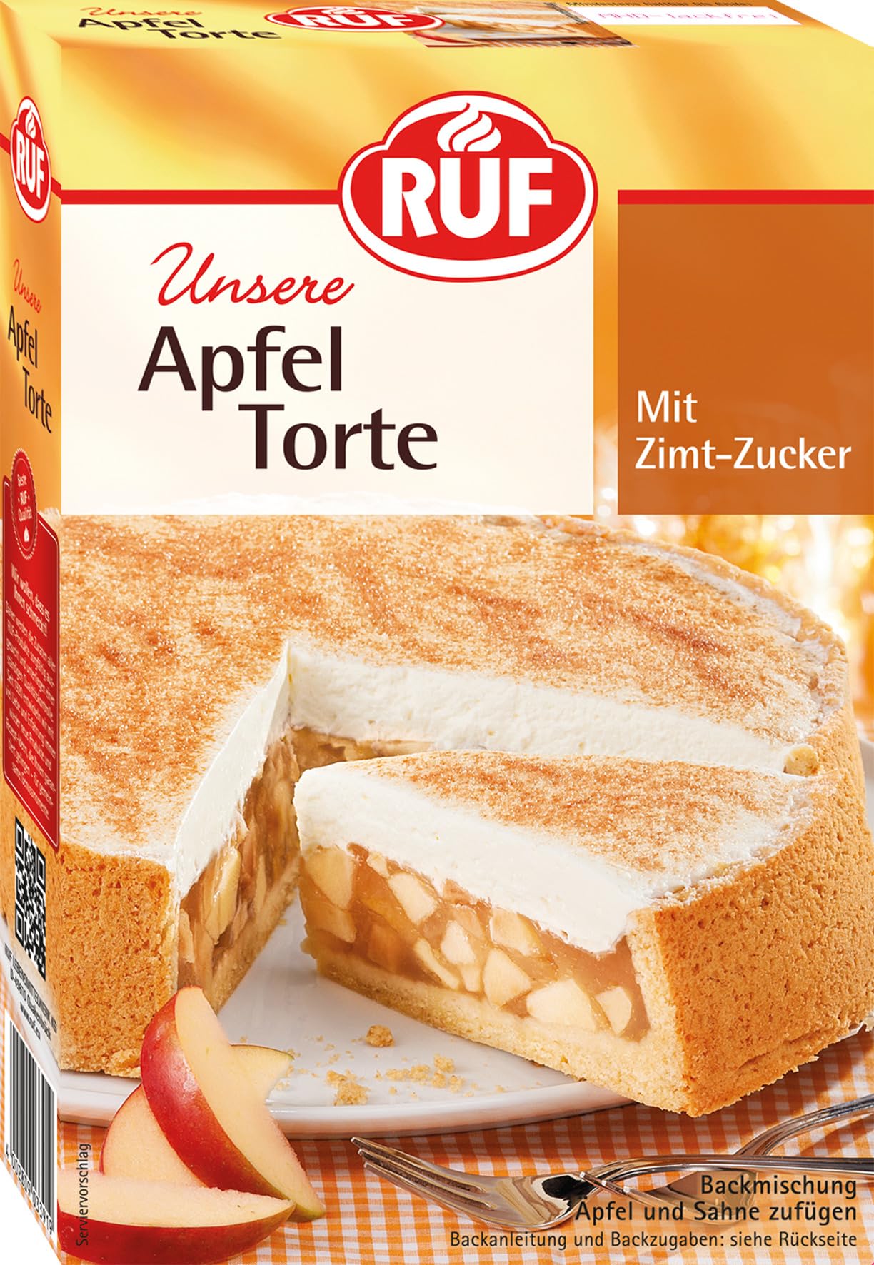 RUF Apfeltorte, Backmischung für eine Apfel-Torte mit Sahne-Creme und Zimt-Zucker, Apfel-Zimt-Torte, vegan, 500g