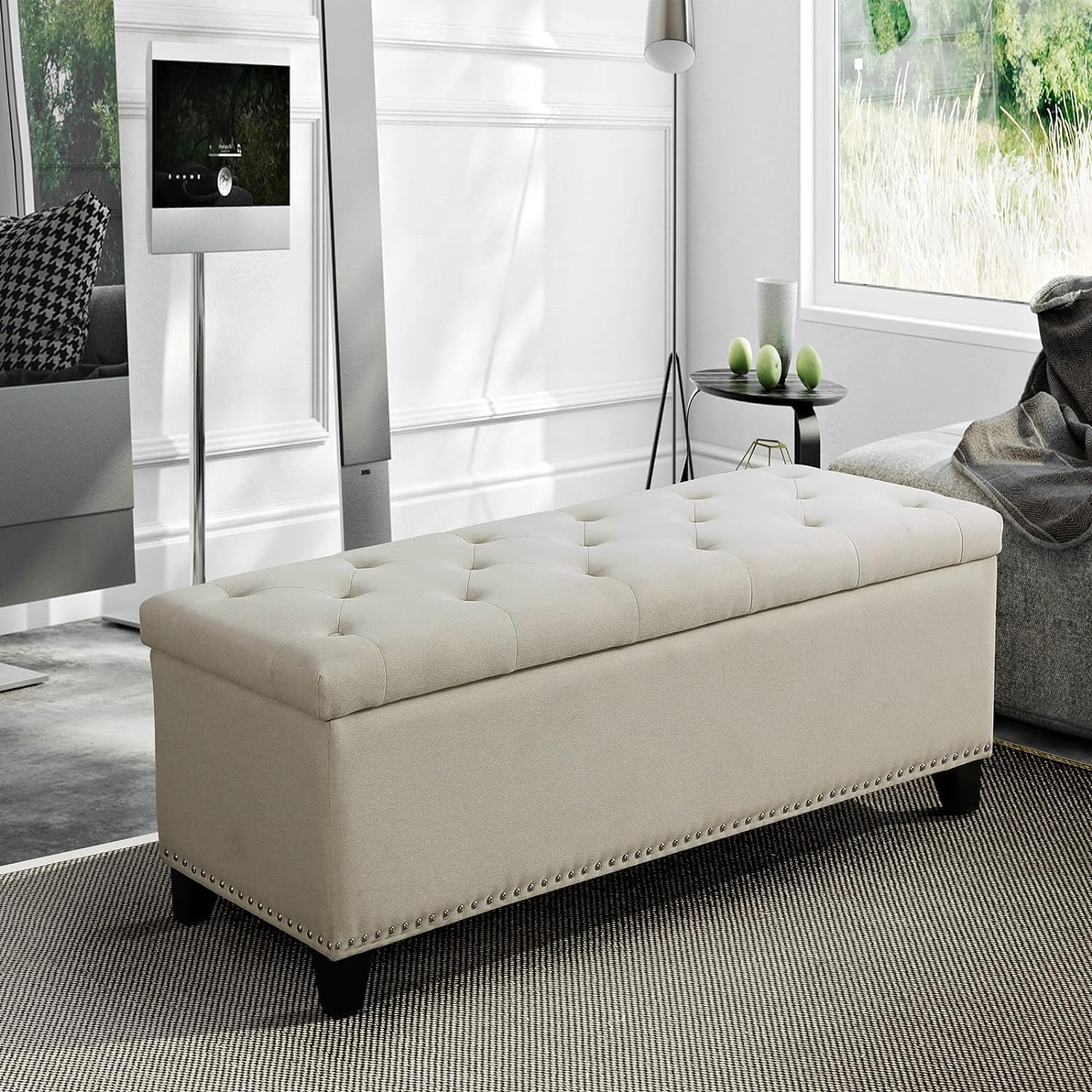 FOREMOST SOFA Linen Upholstered Storage Ottoman Bench Couch pouffe 2seater Sofa Footstool bedend Settee for livingroom Bedroom (Beige)-image-36