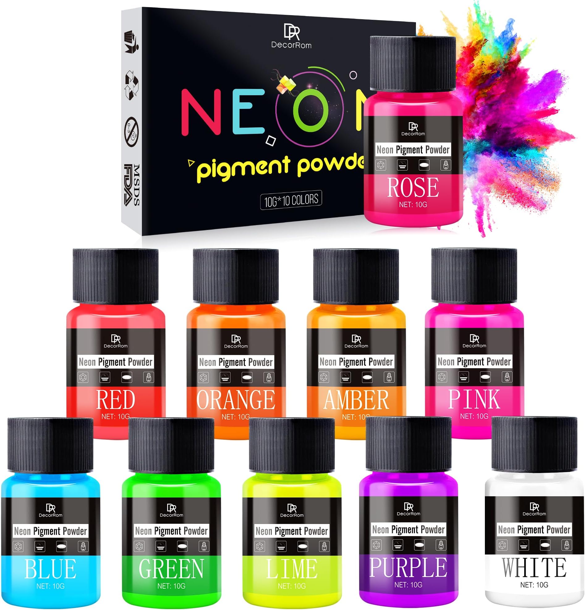 Neon Pigment Powder - 10 Colors Fluorescent Mica Powder for Epoxy Resin, Nail Art, Tumblers, Slime - Neon Resin Color Pigment Nail Powder for Soap Making, Eyeshadow, Painting, Jewelry, DIY Crafts