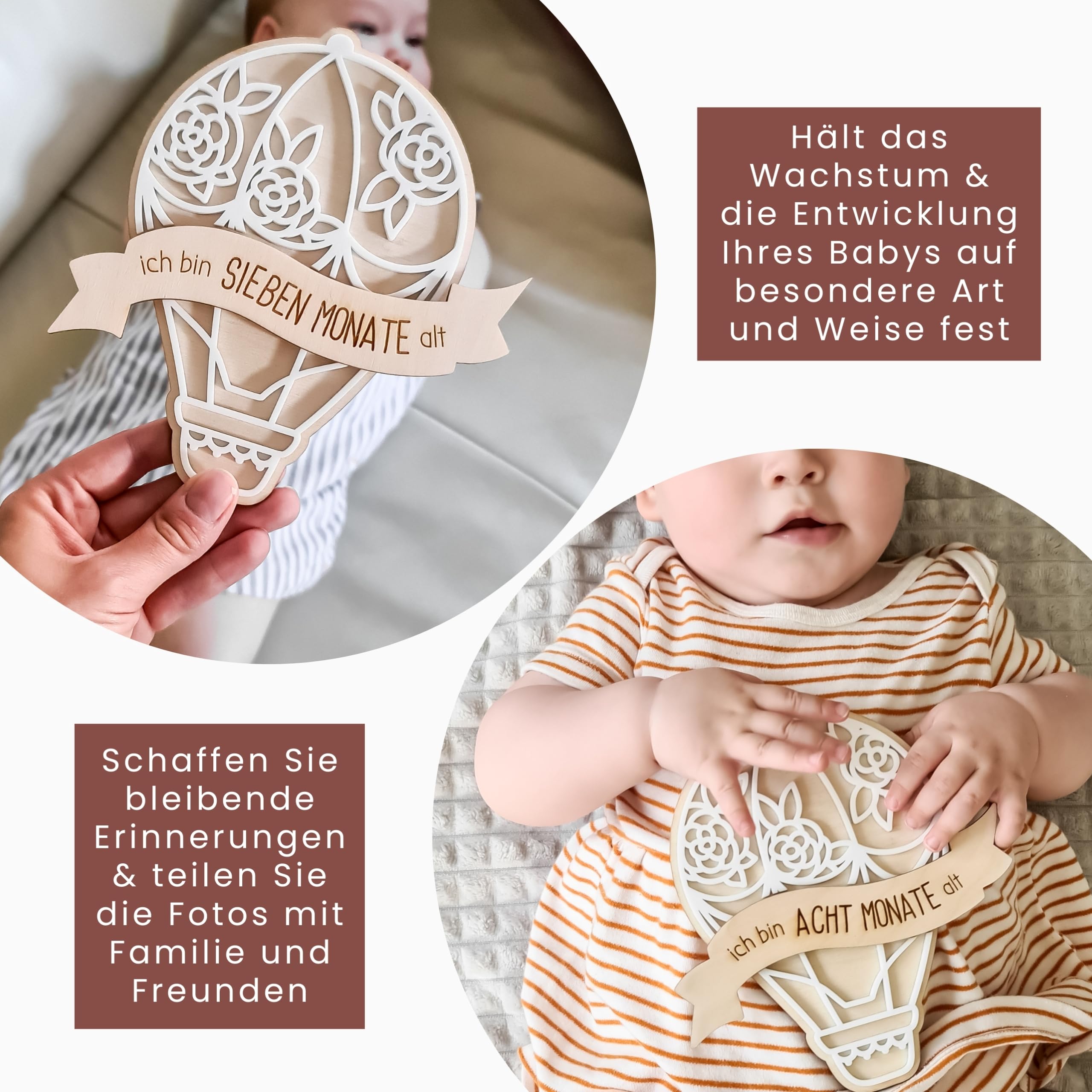 Meilensteinkarten Baby Holz 1-12 Monate personalisiert – Mädchen & Jungen Heißluftballon (Set 4) Komplett-Set)
