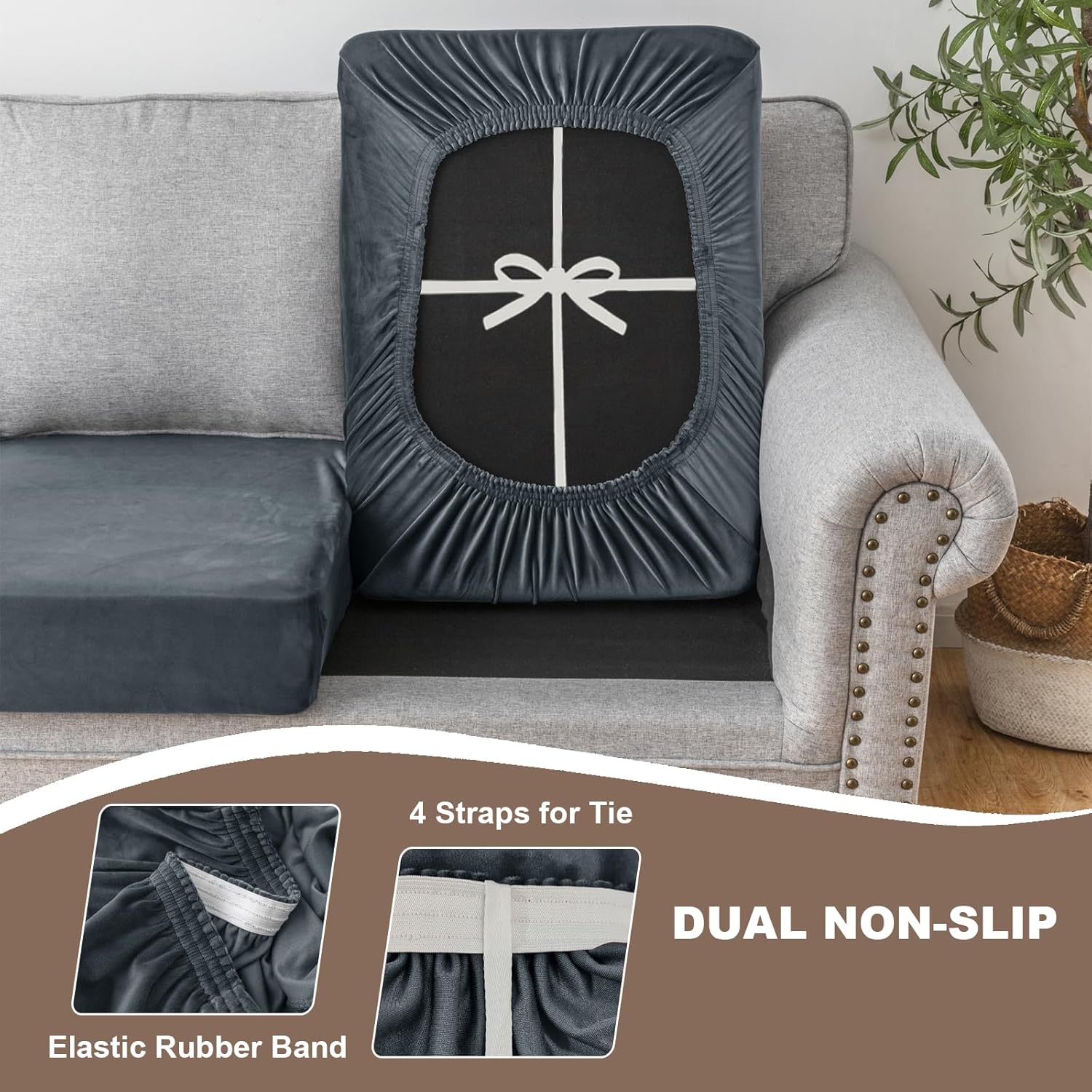 UNBBRRL Corner Sofa Cushion Covers Stretch Velvet, Non-Slip Replacement Cover for Seat/Backrest/Bench/Ottoman/Upholstered (Dark Grey,11pcs(5 Seats+6 Backs))