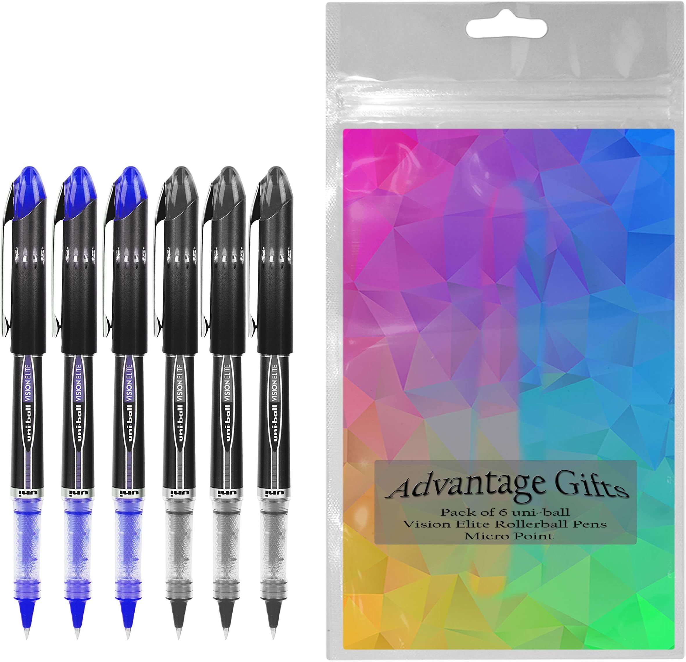 Uni-ball Vision Elite Rollerball Pens, Micro Point (0.5mm), Black/Blue Ink, 6 count, Bundle with Plastic Reusable Pouch