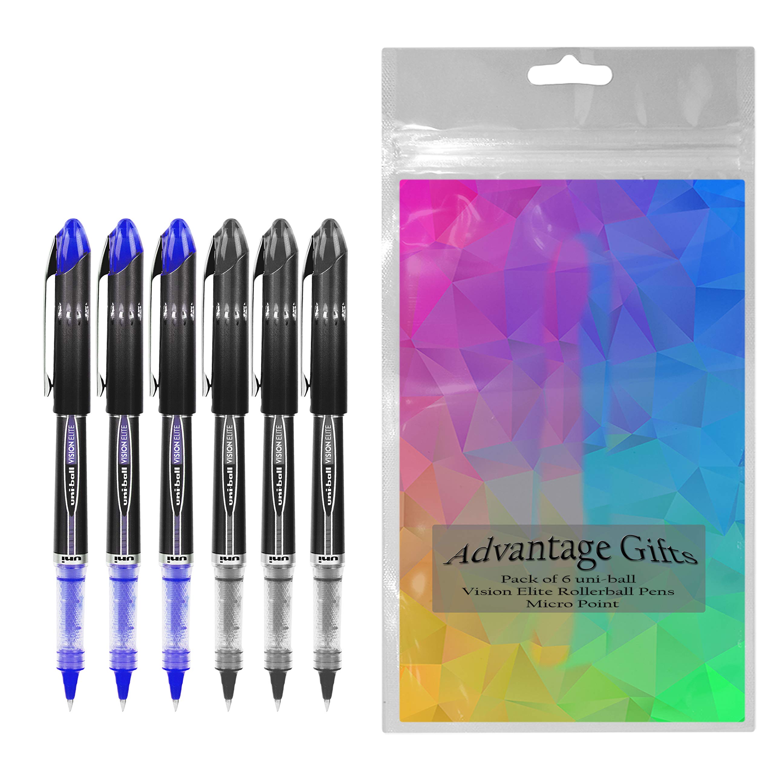 Uni-ball Vision Elite Rollerball Pens, Micro Point (0.5mm), Black/Blue Ink, 6 count, Bundle with Plastic Reusable Pouch