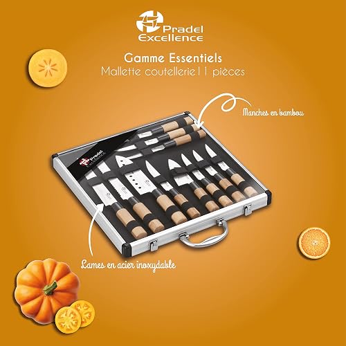 Pradel Excellence - PCOT001011 - Mallette Couteaux 11 Pièces - 5 Couteaux de Cuisine Style Japonais + 6 Couteaux Steak - Lames Inox - Manches Bambou - Rangement Inclus, Bois - 4