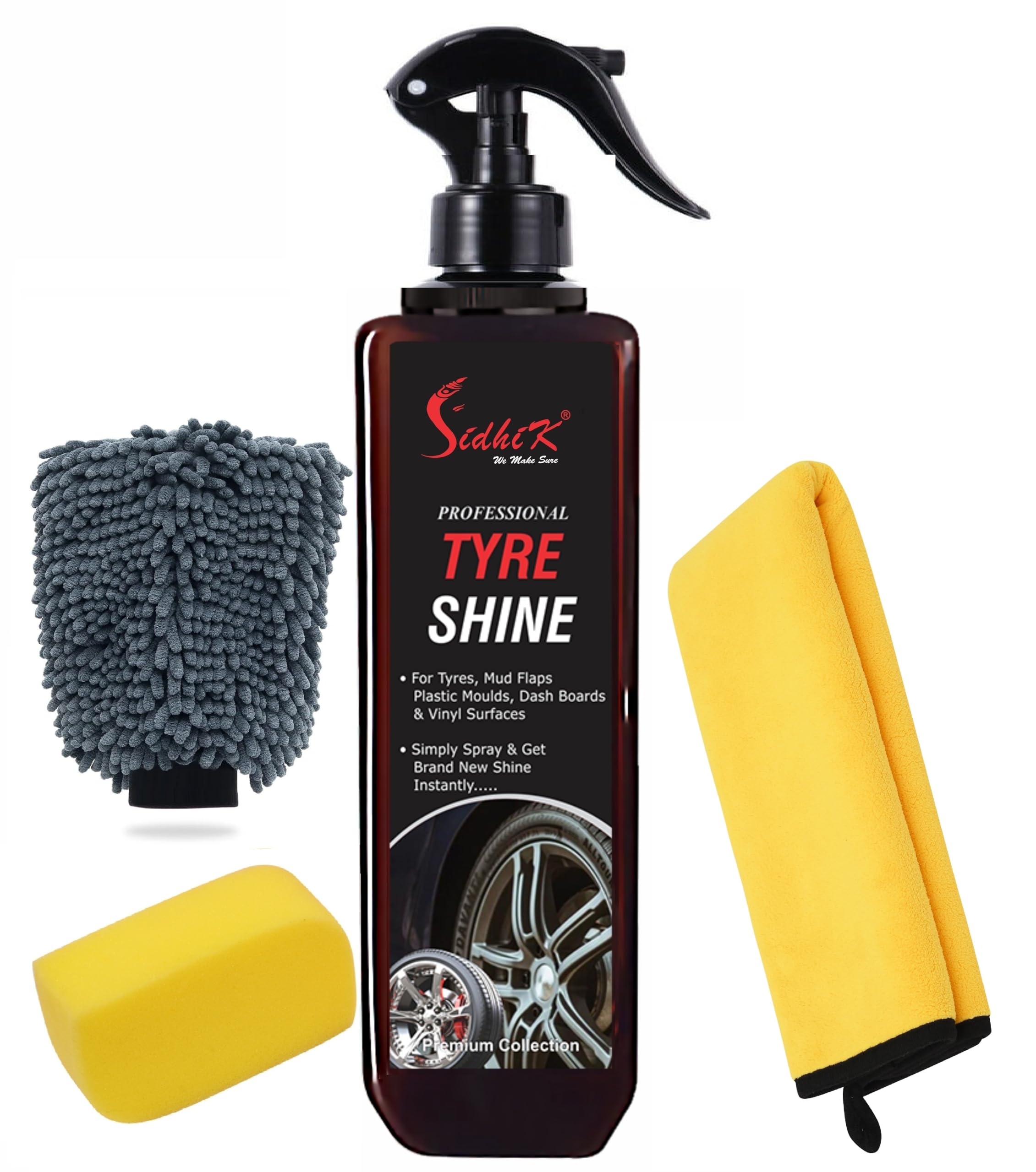 sidhik tyre shine kit polish for instant shine | tyre shine restorer | prevents fading & cracking of tyres | non-greasy, long-lasting deep gloss | 200ml (standard kit, pack of 4)