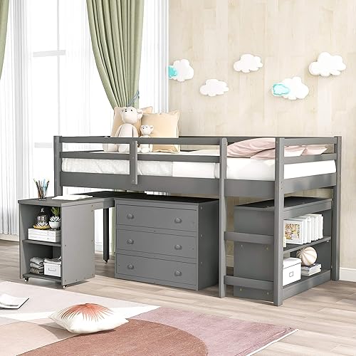 Merax - Cama baja con armario y escritorio portátil para niños y adolescentes color gris