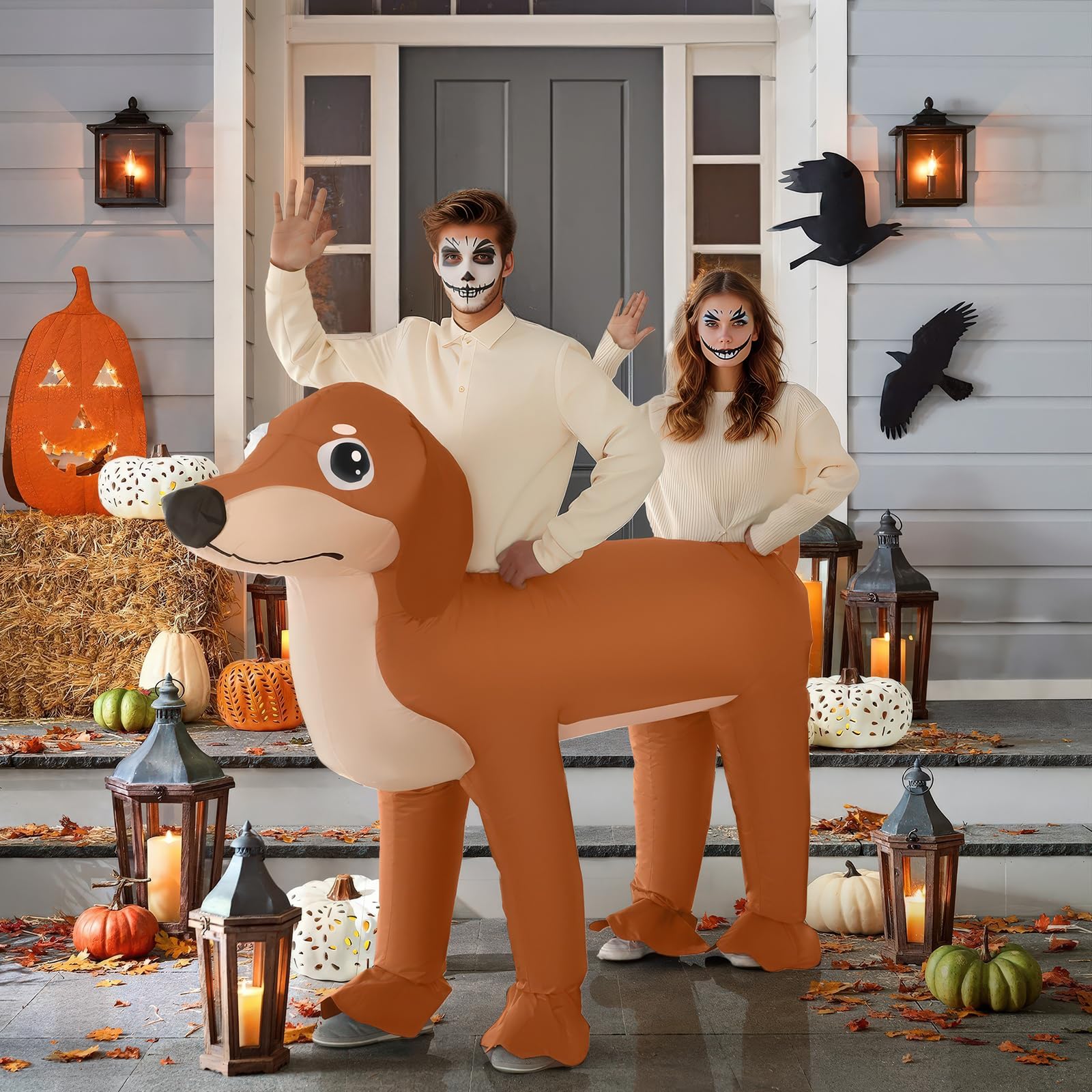 Poptrend Disfraz inflable de perro salchicha doble para adulto, disfraz inflable doble para perro, disfraz de perro salchicha para Halloween, disfraces divertidos de fiesta