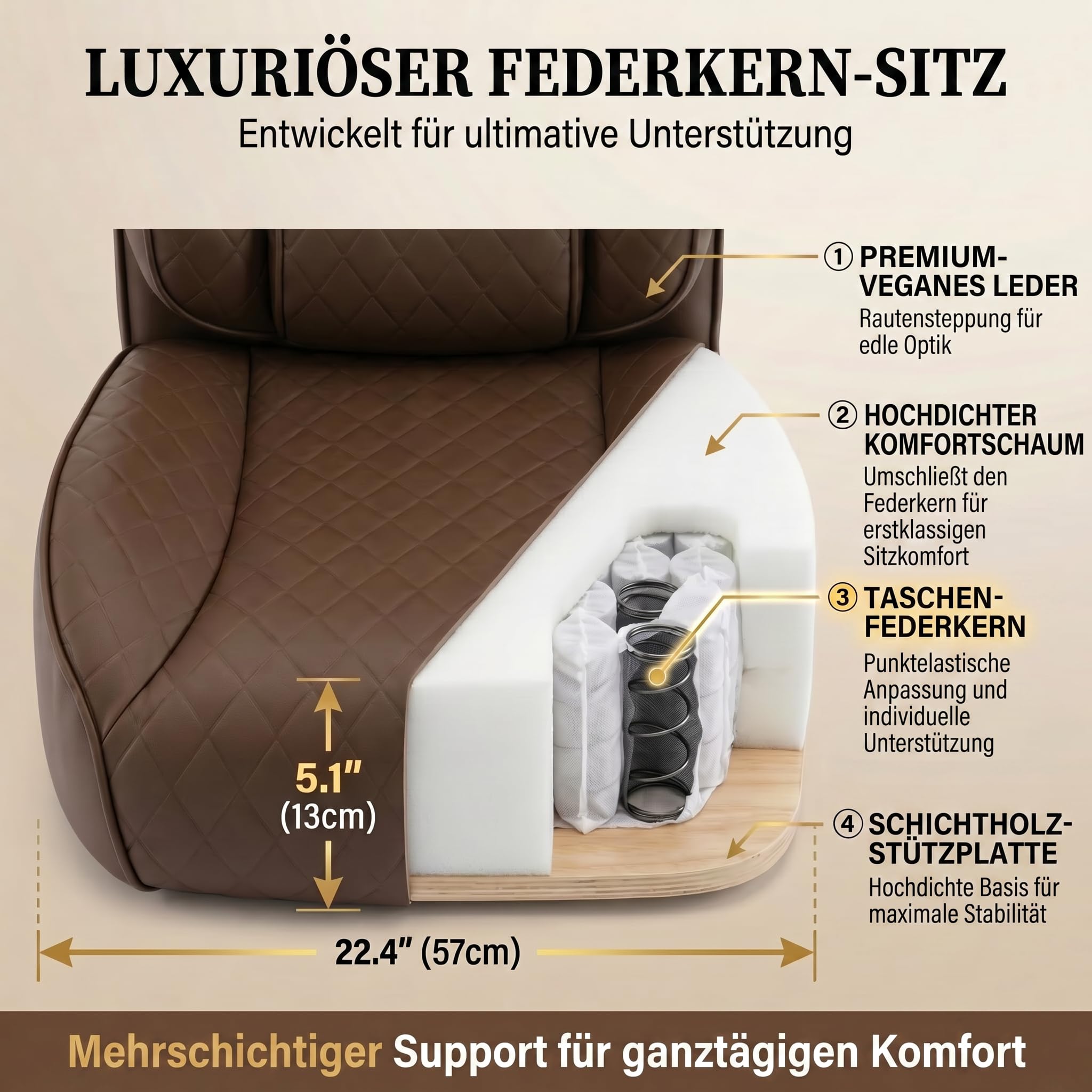 EXCEBET Silla de Oficina Dirección XXL 180kg, Silla de Escritorio Ergonómica con Muelles Ensacados, Asiento Ancho para Sentarse en Cruz, Reclinable 135°, Cuero PU（Marrón）